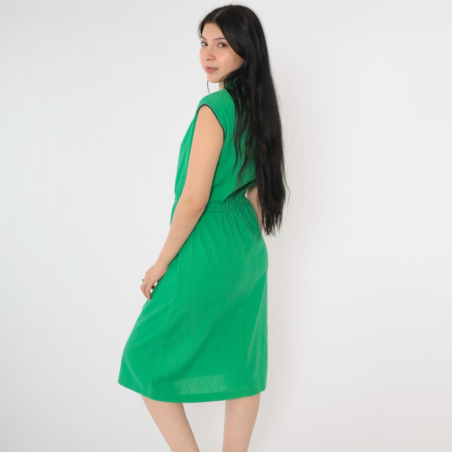 70s Green V-Neck Midi Dress Navy Trim Cap Sleeves A-Line Small