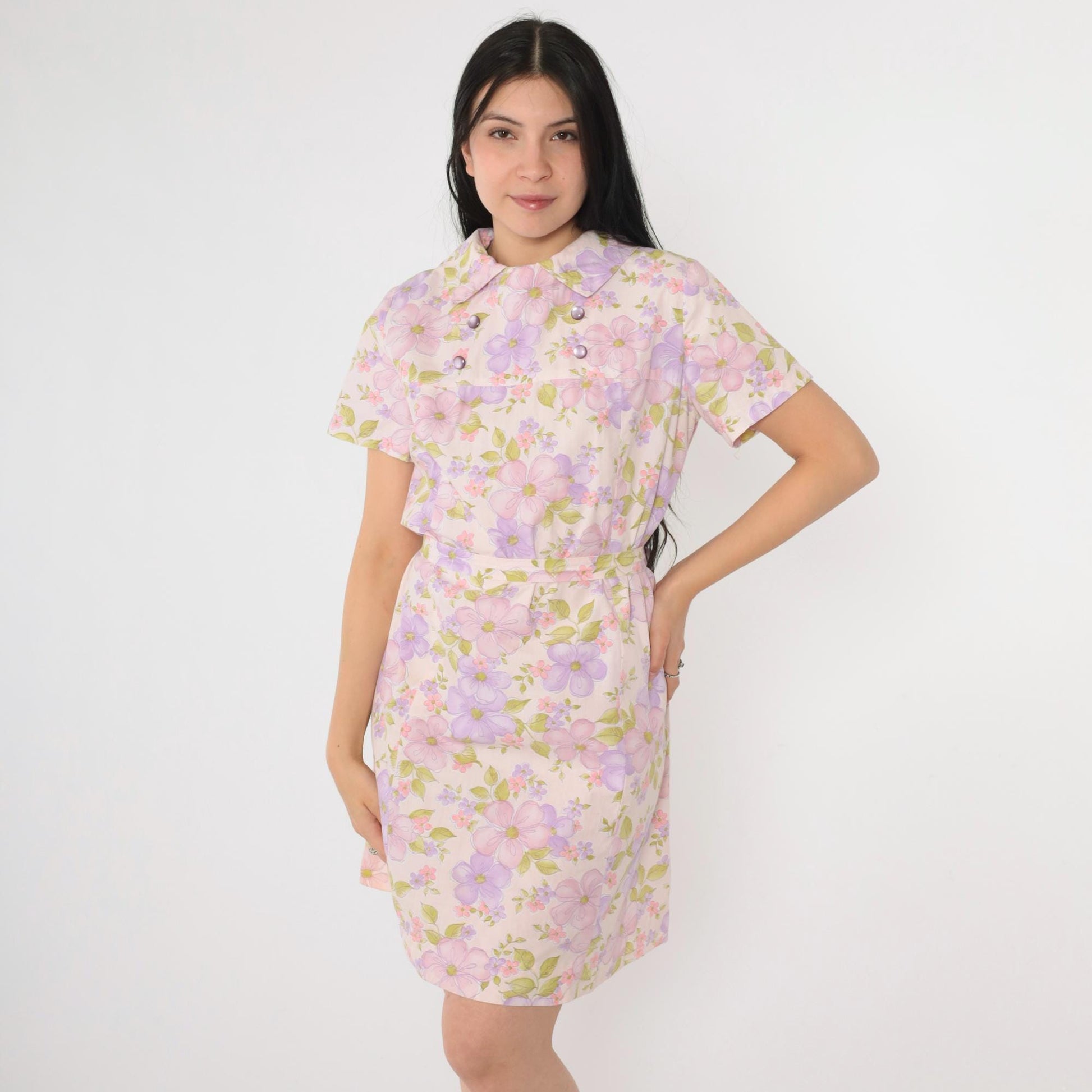 60s Floral Shift Mini Dress Pink Purple Short Sleeve Belted Medium M