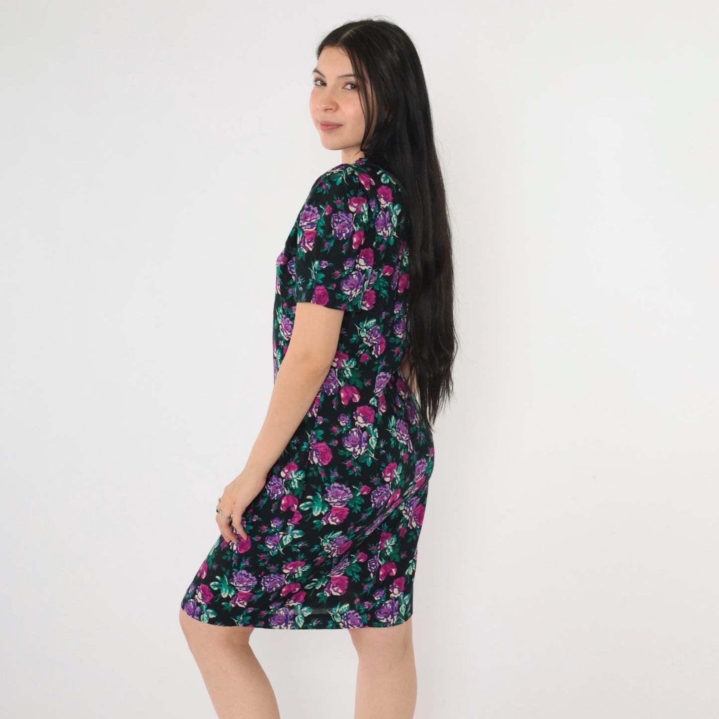 80s Floral Sheath Dress Puff Sleeve Black Purple Rose Mini Button Up Small