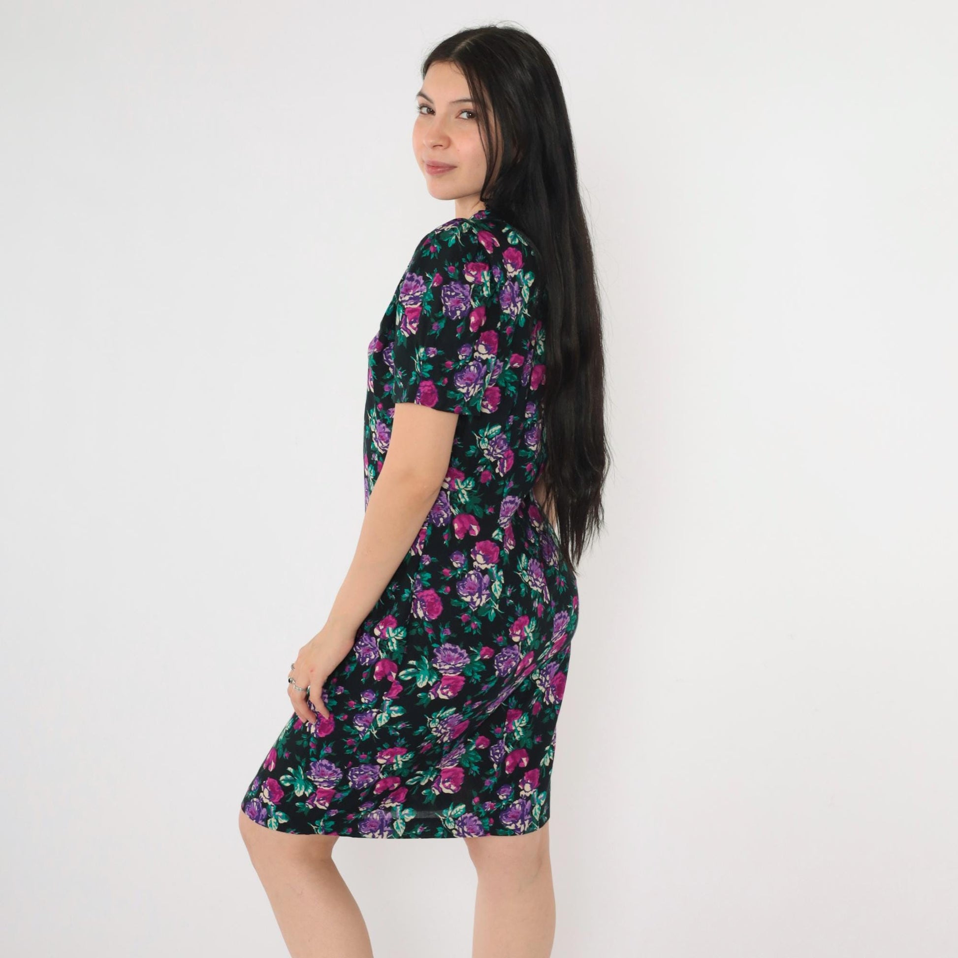80s Floral Sheath Dress Puff Sleeve Black Purple Rose Mini Button Up Small