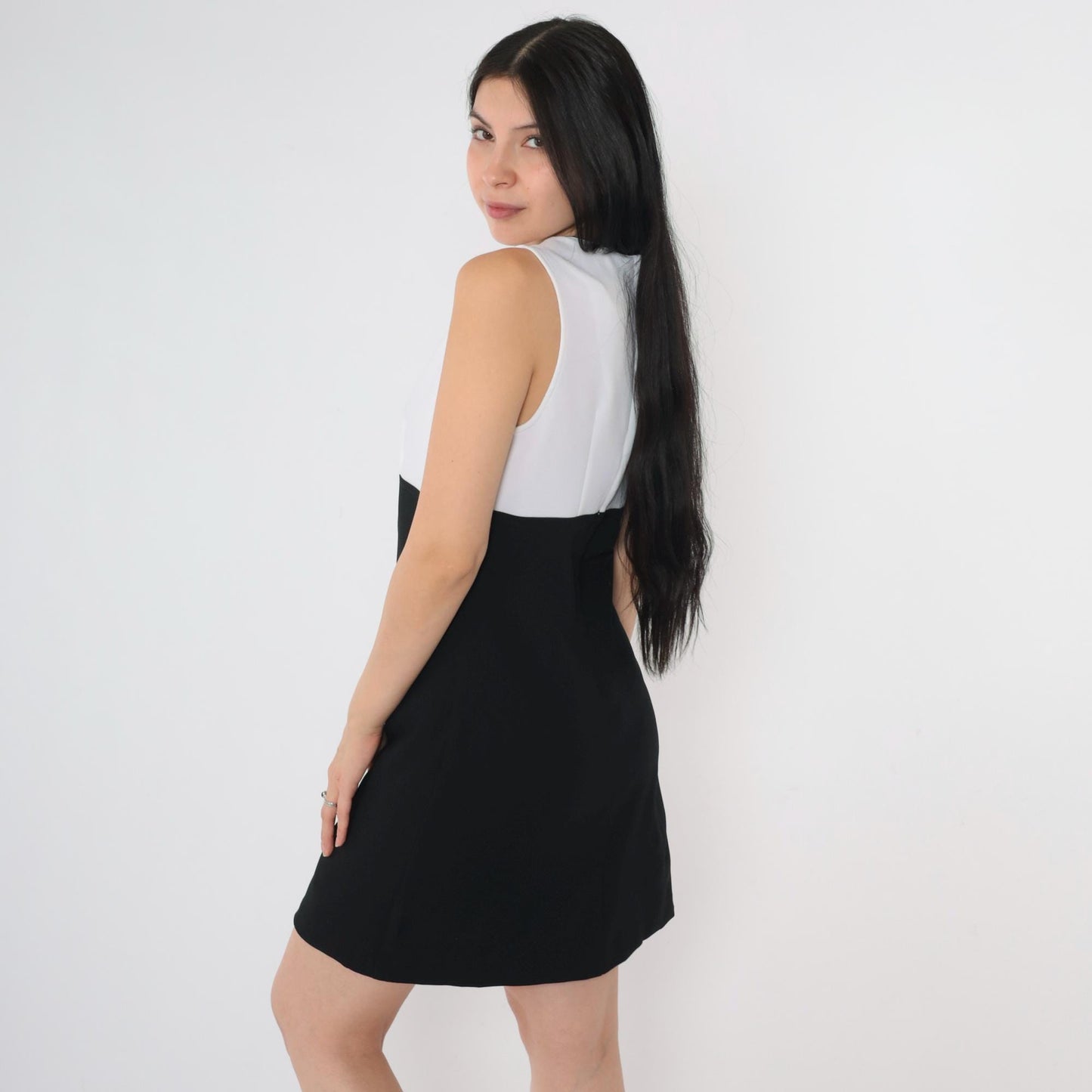 90s A. Byer California Black White Mini Dress Empire Waist V Neck Small S