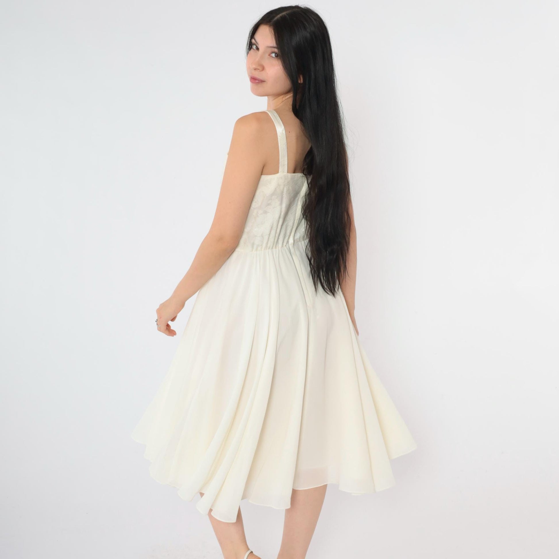 80s Ivory Jacquard Midi Dress Sleeveless Square Neck Basque Waist Small