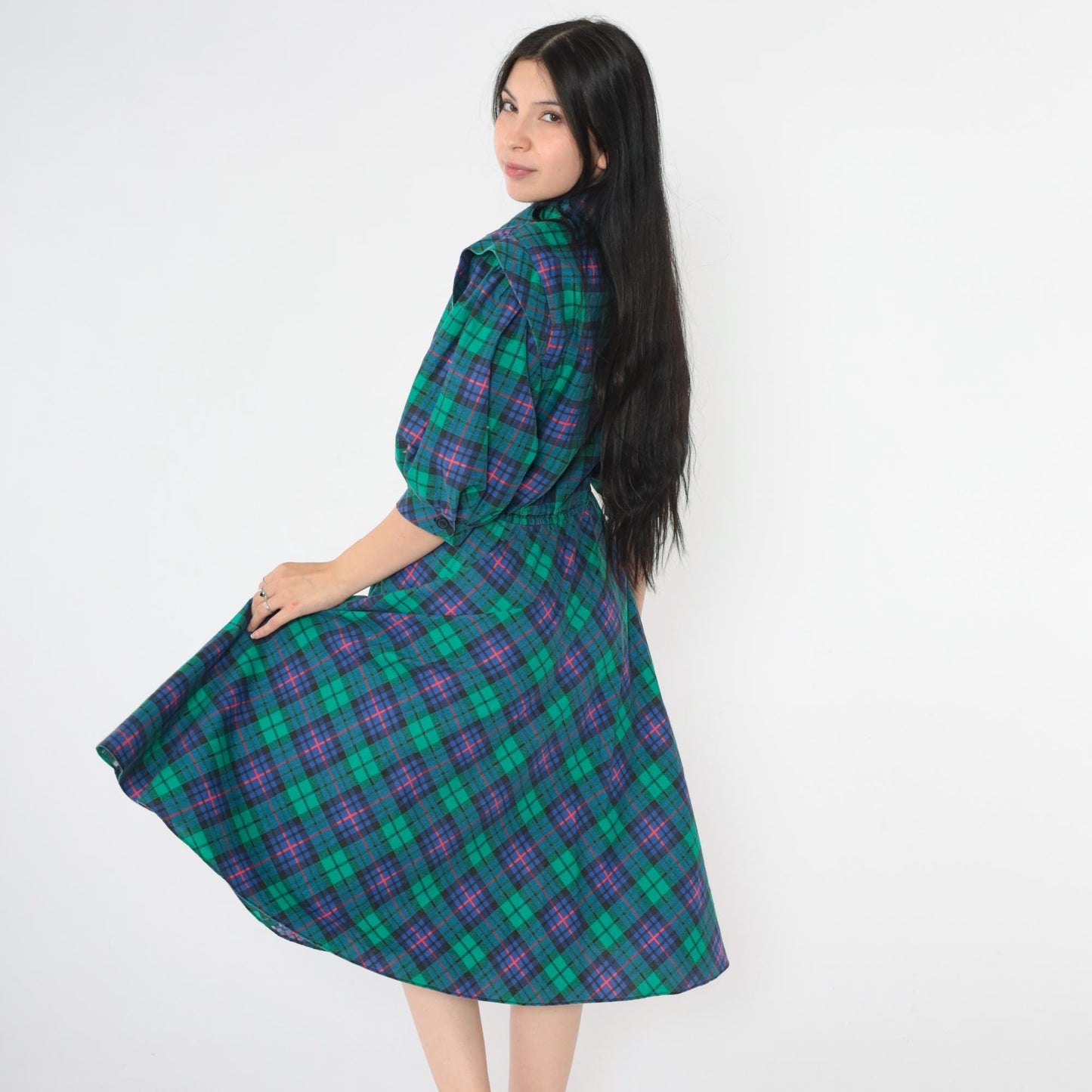 80s Blue Green Plaid Midi Shirt Dress High Waist Collared Button Up Small S