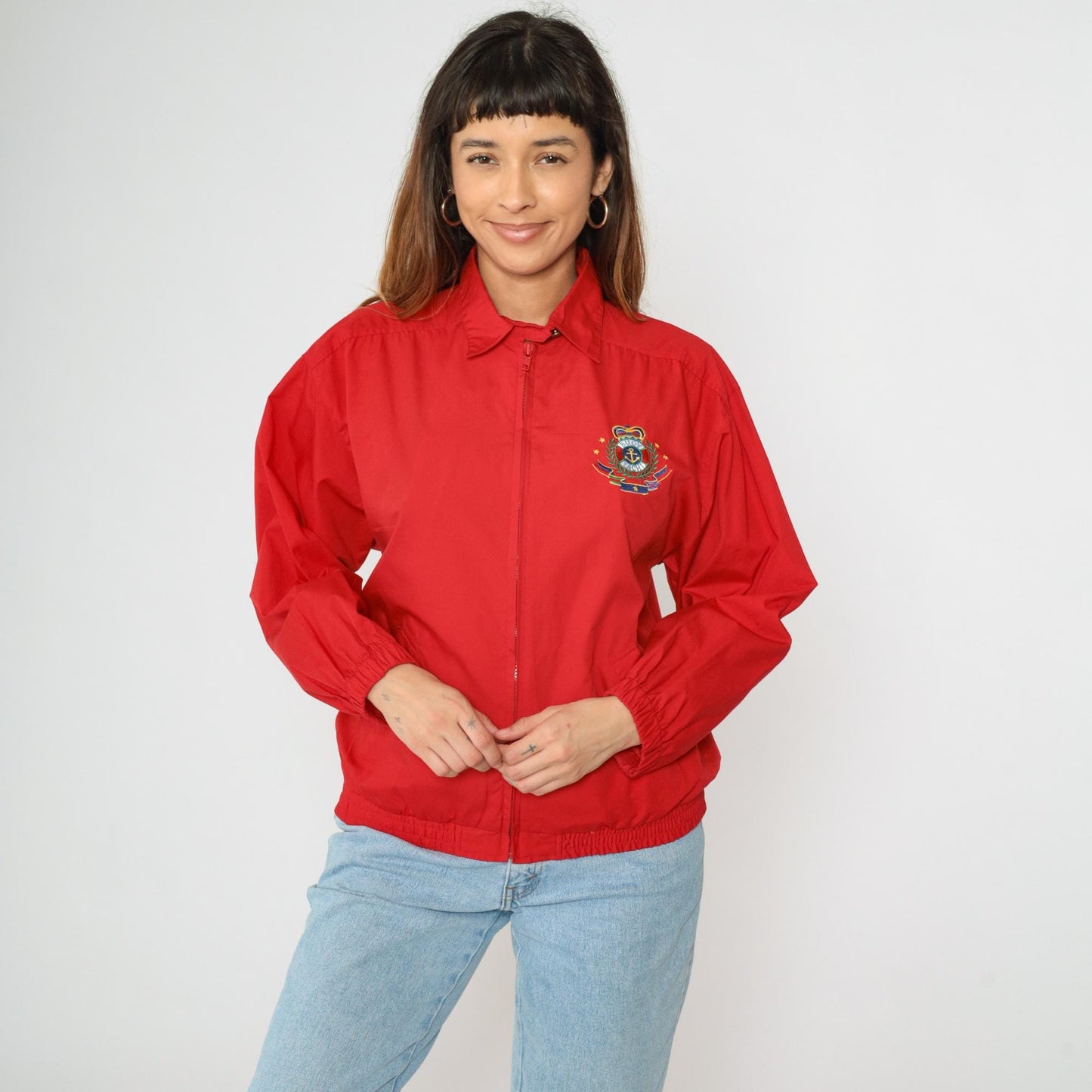 90s Jantzen Nautical Windbreaker Jacket Red Embroidered Crest Medium M