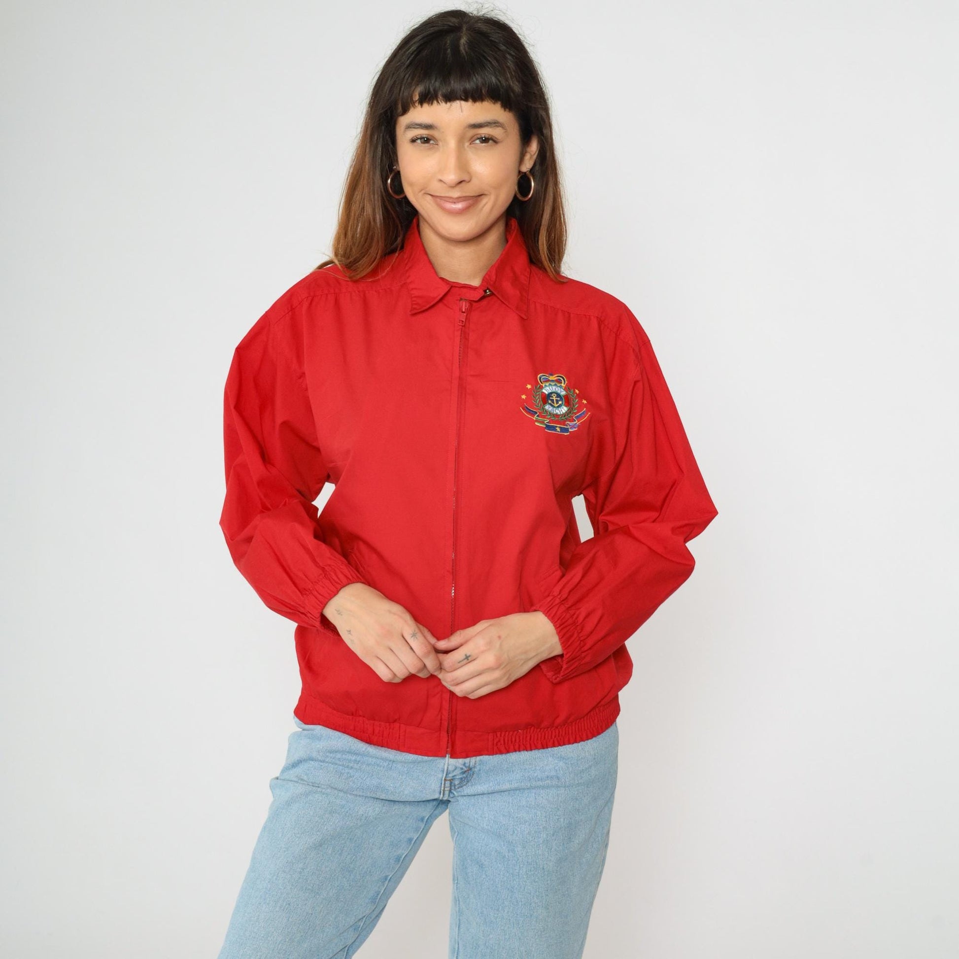 90s Jantzen Nautical Windbreaker Jacket Red Embroidered Crest Medium M
