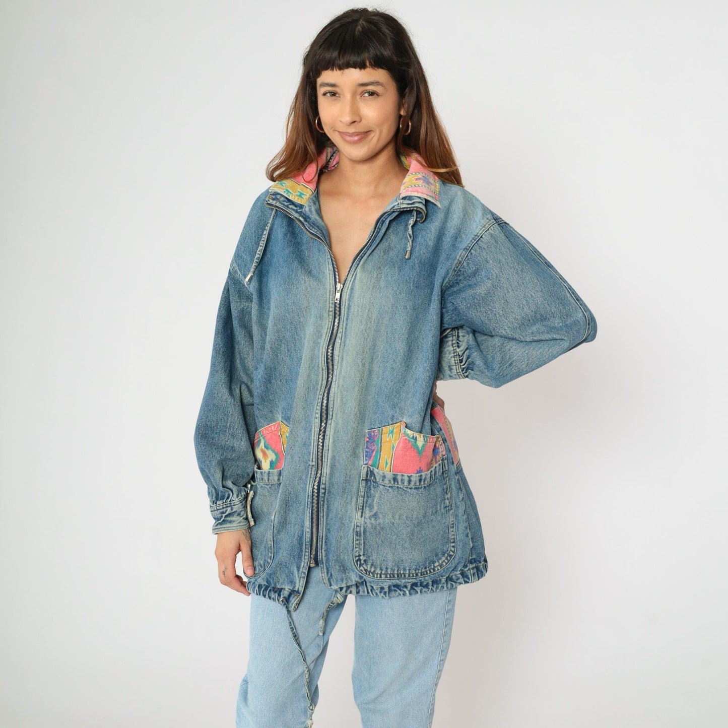 90s Southwestern Denim Jacket Blue Aztec Patch Jean Coat Medium M