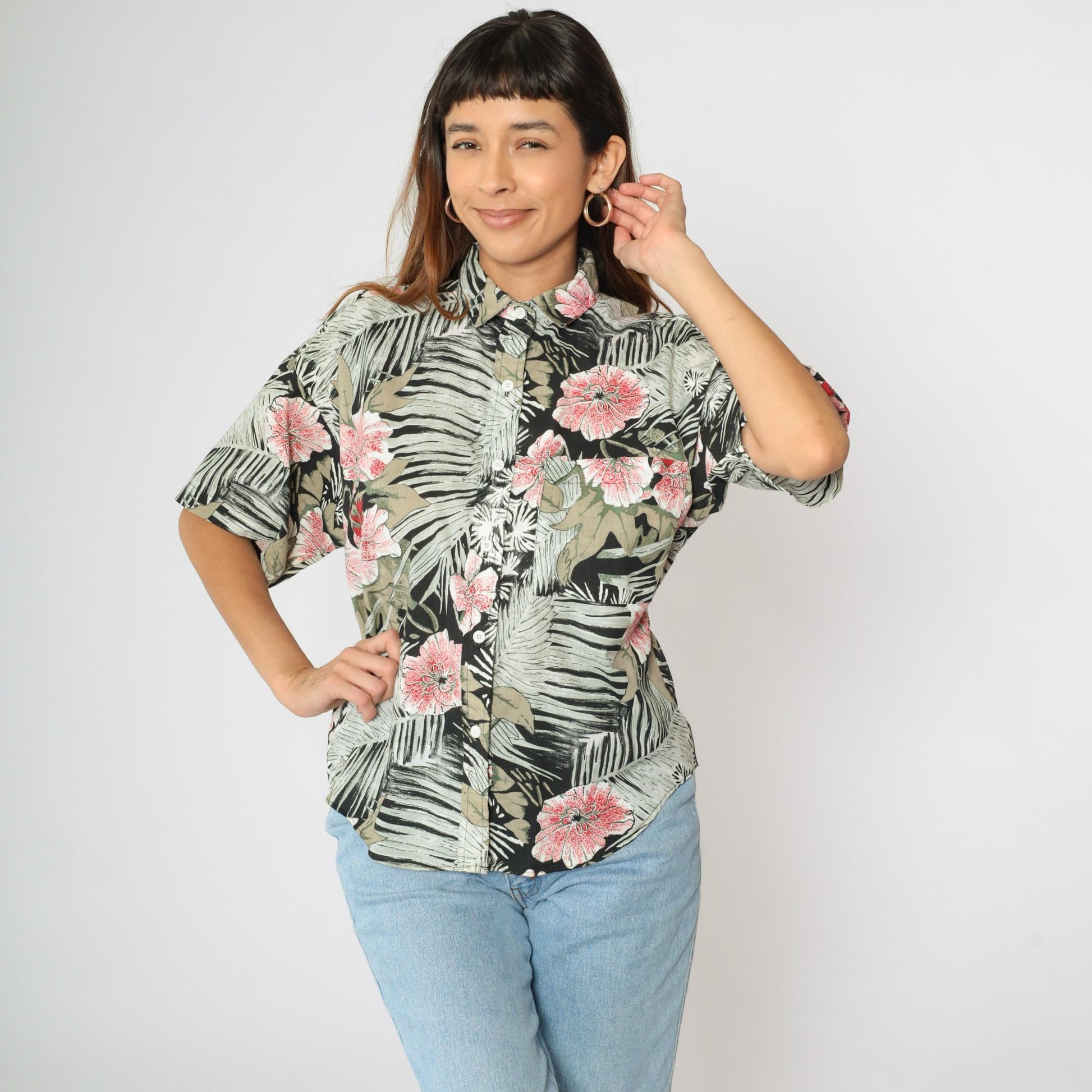 90s Tropical Floral Button Up Blouse Short Sleeve Black Grey Red Large
