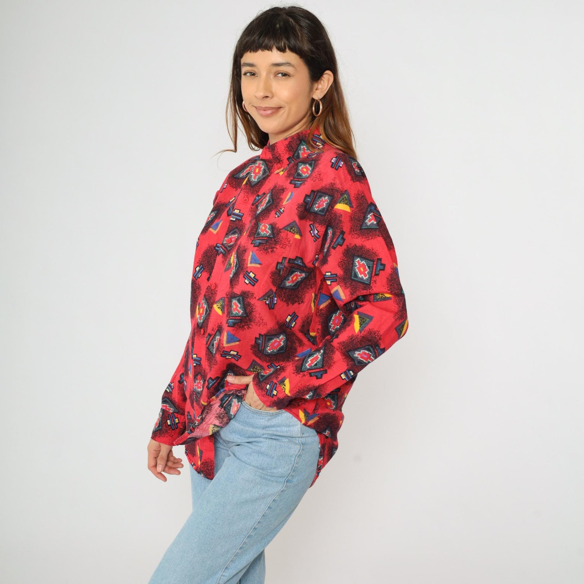 90s Pearl River Clothing Co. Red Southwestern Button Up Shirt Large L