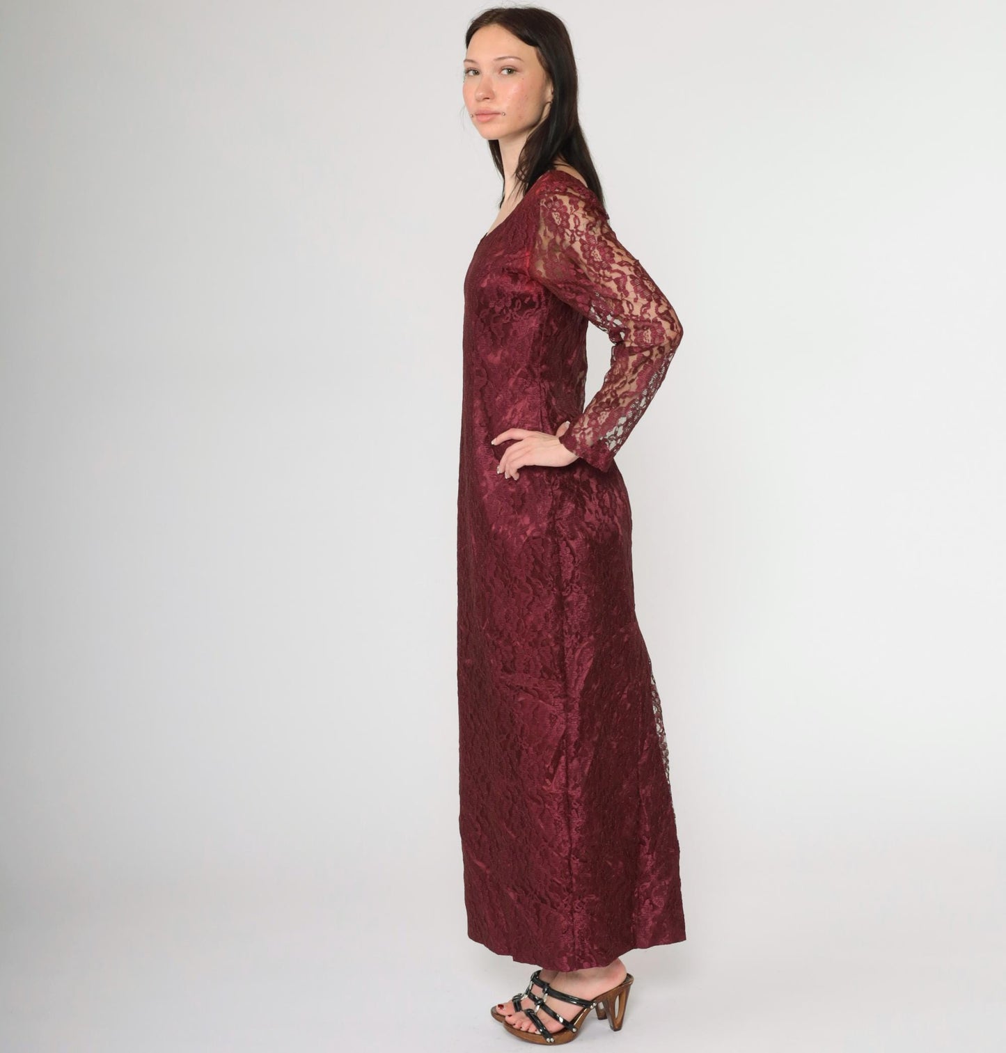 90s Wine Lace Maxi Dress Sweetheart Neckline Long Sleeve Slit Small