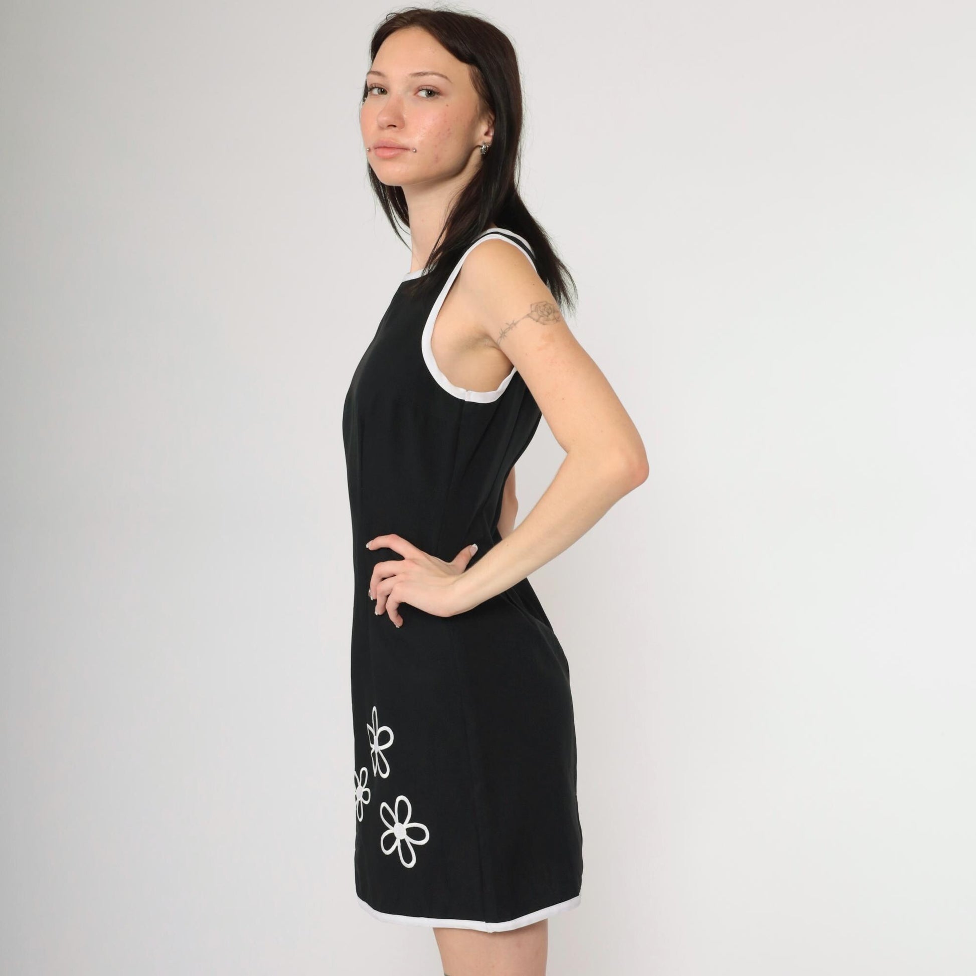 90s Iz California Black Floral Mini Dress Sleeveless White Print Small