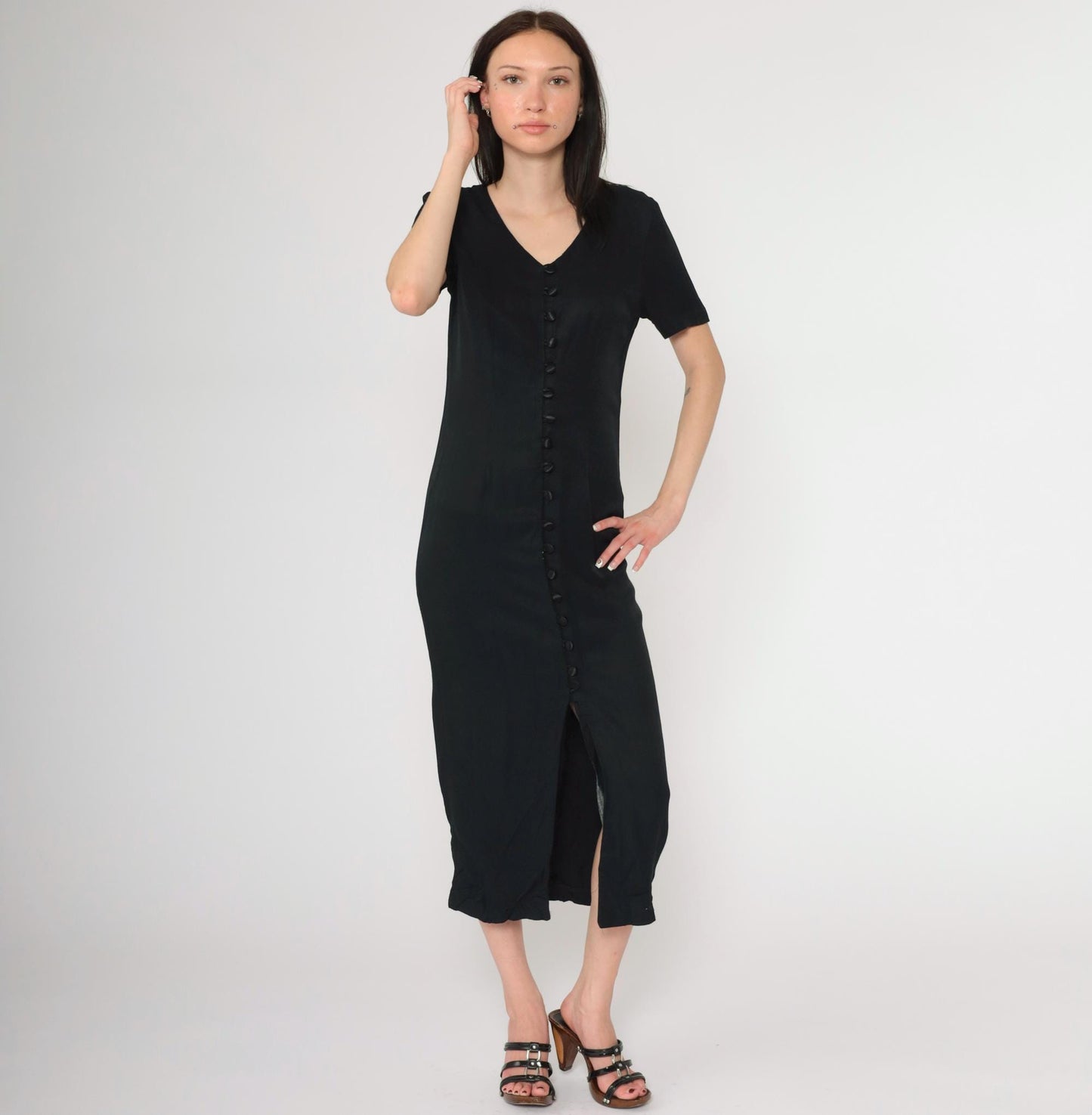 90s Betsy New York Black Midi Dress Cage Back Button Front Slit Small