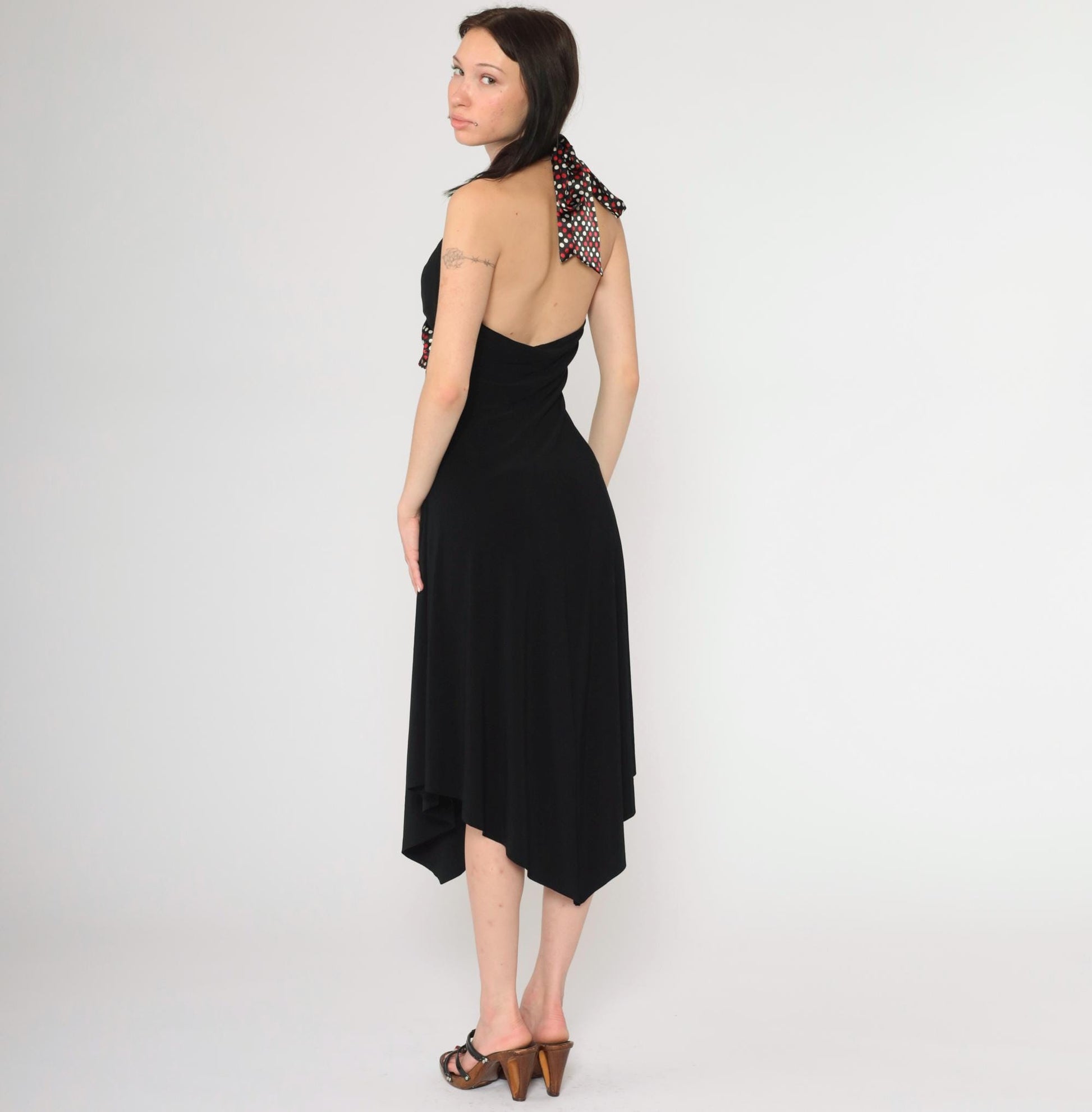 Y2K Black Halter Neck Midi Dress Polka Dot Empire Waist High Low Hem Medium