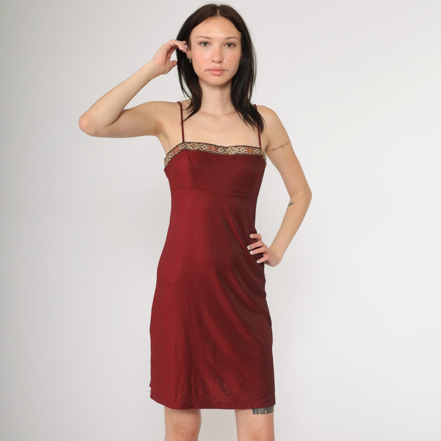 90s Burgundy Spaghetti Strap Mini Dress Embroidered Square Neckline Empire Waist Small