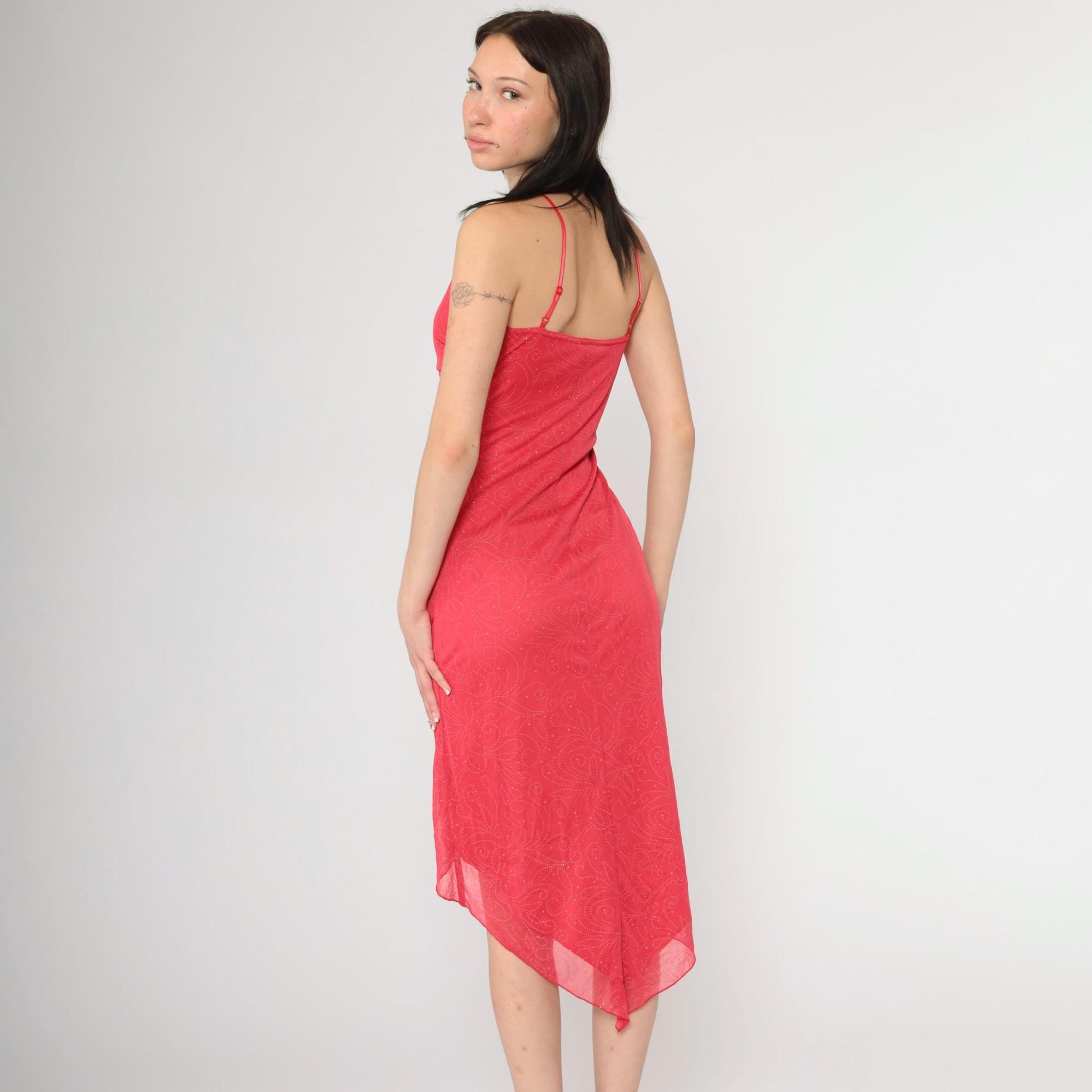 Y2K Coral Glitter Dot Asymmetrical Midi Dress Spaghetti Strap Ruched Small