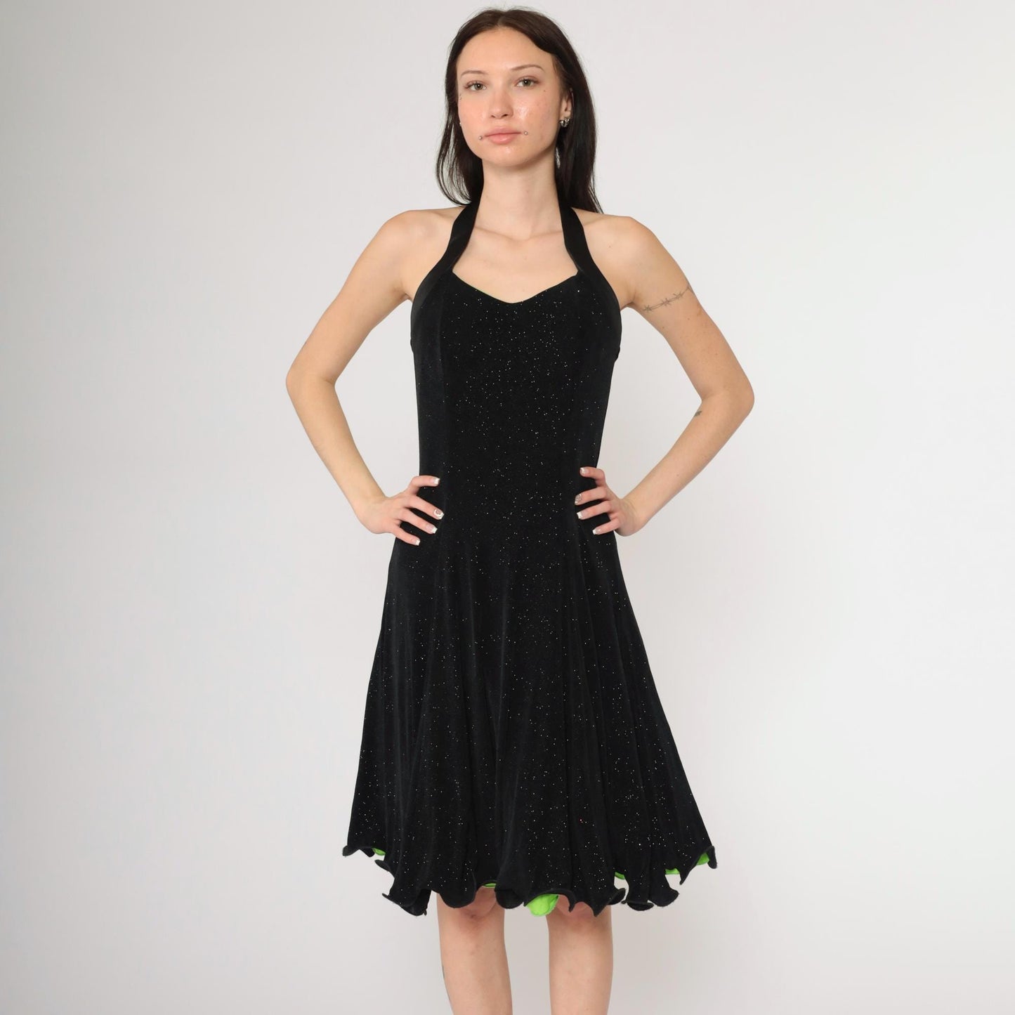 90s Black Glitter Halter Dress Lime Green Lining Knee Length Small