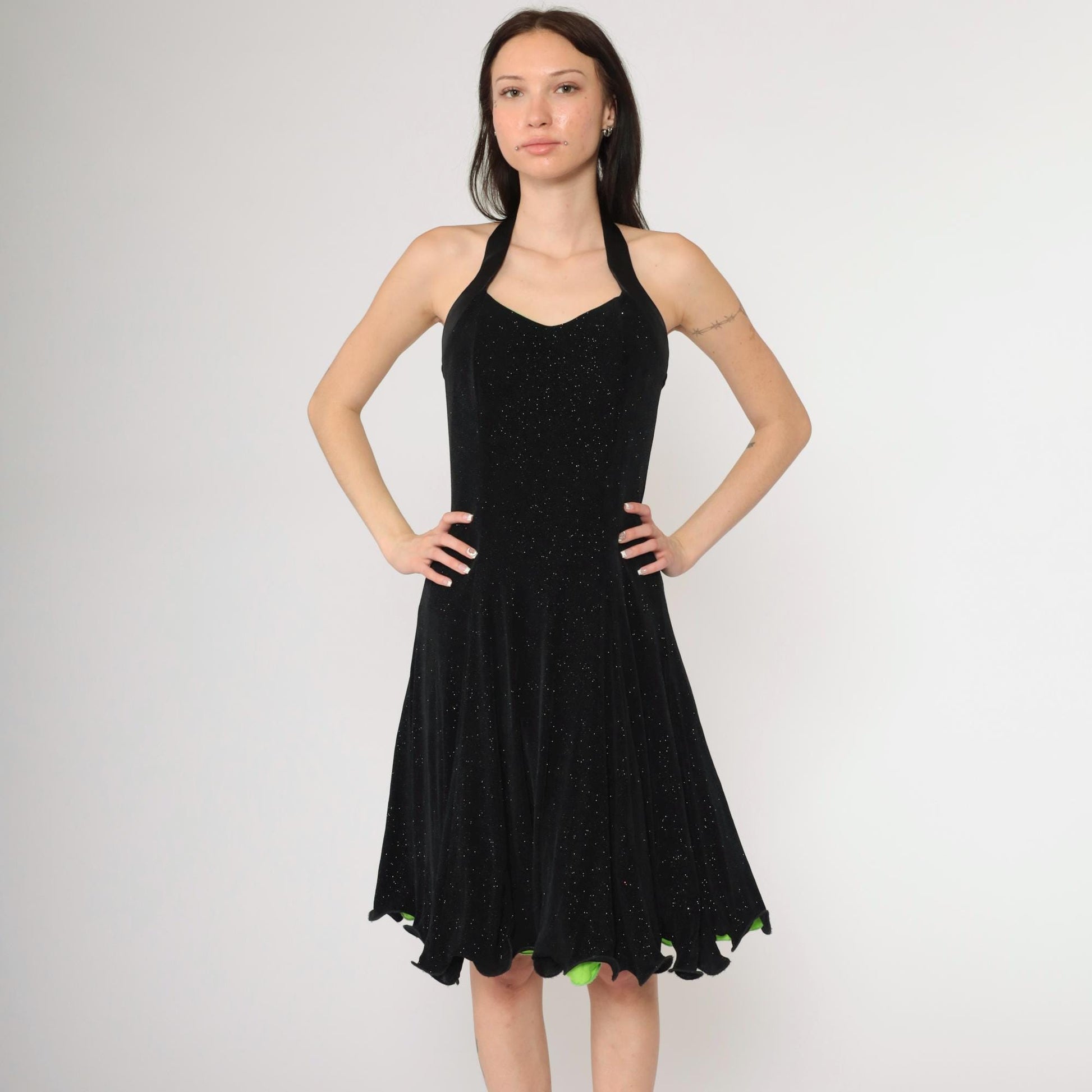 90s Black Glitter Halter Dress Lime Green Lining Knee Length Small