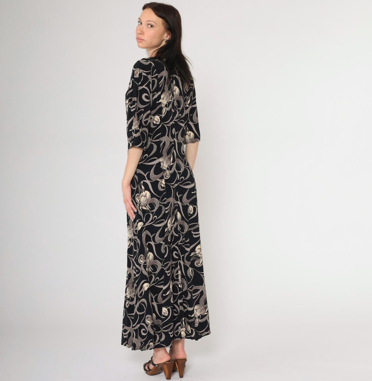 90s Express Black Floral Maxi Dress Tulip Swirl Print V-Neck Short Sleeve Medium Large
