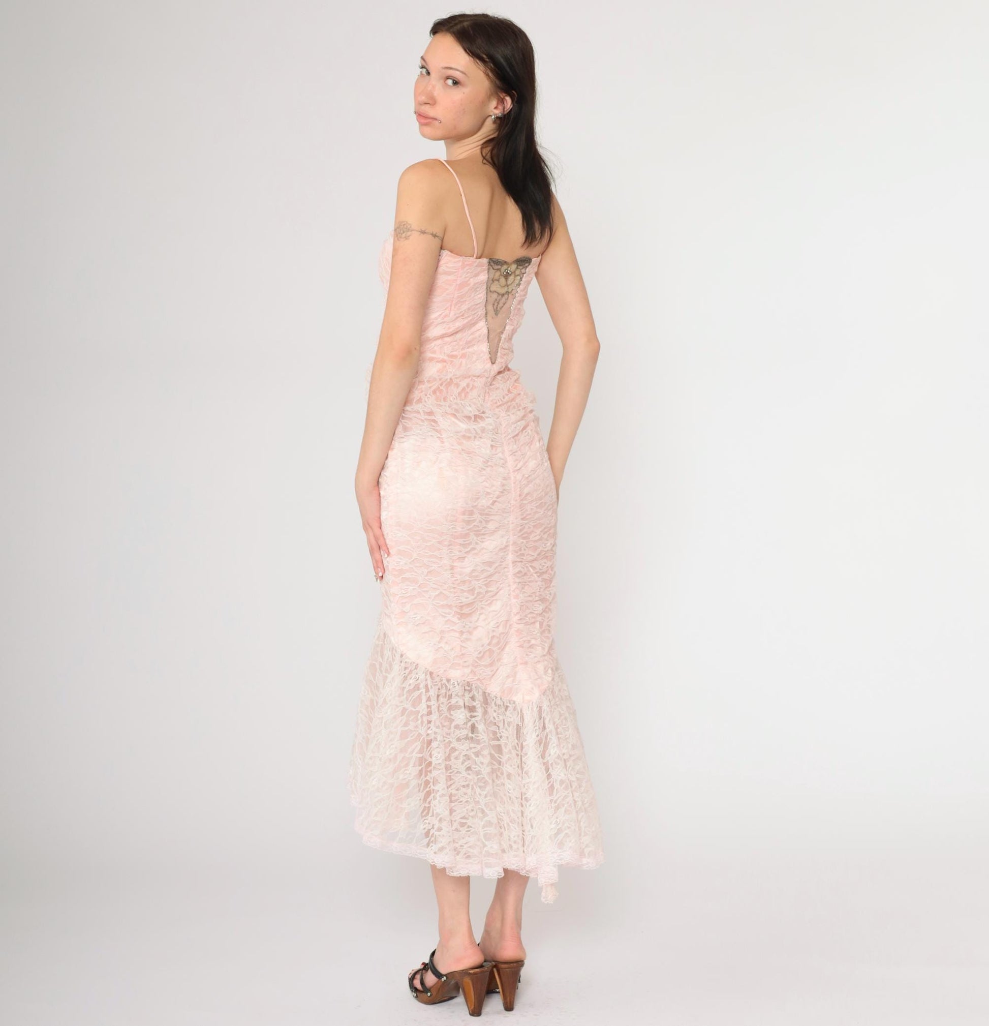 80s Pink Lace Beaded Sequin Evening Dress Sweetheart Neckline Spaghetti Strap Extra Small