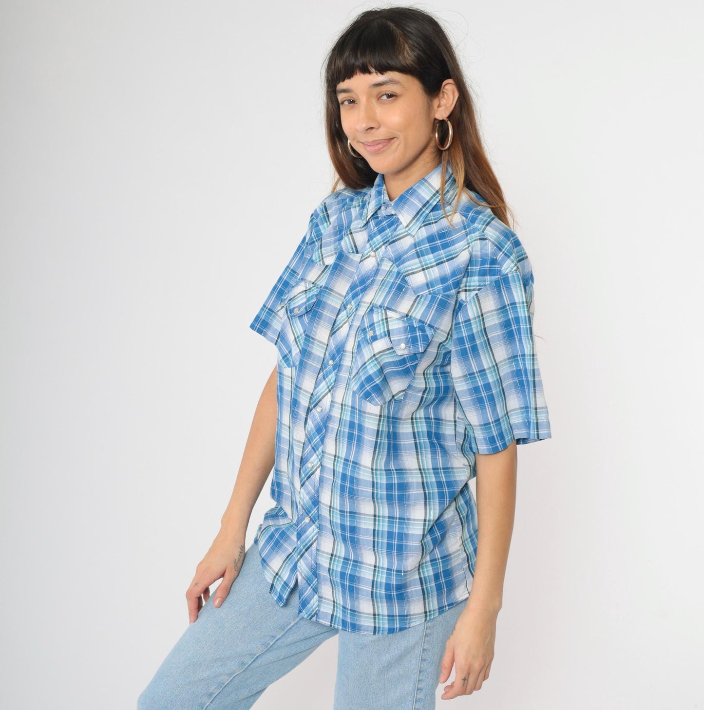 90s Rustler by Wrangler Western Shirt Blue Plaid Pearl Snap Metallic Large