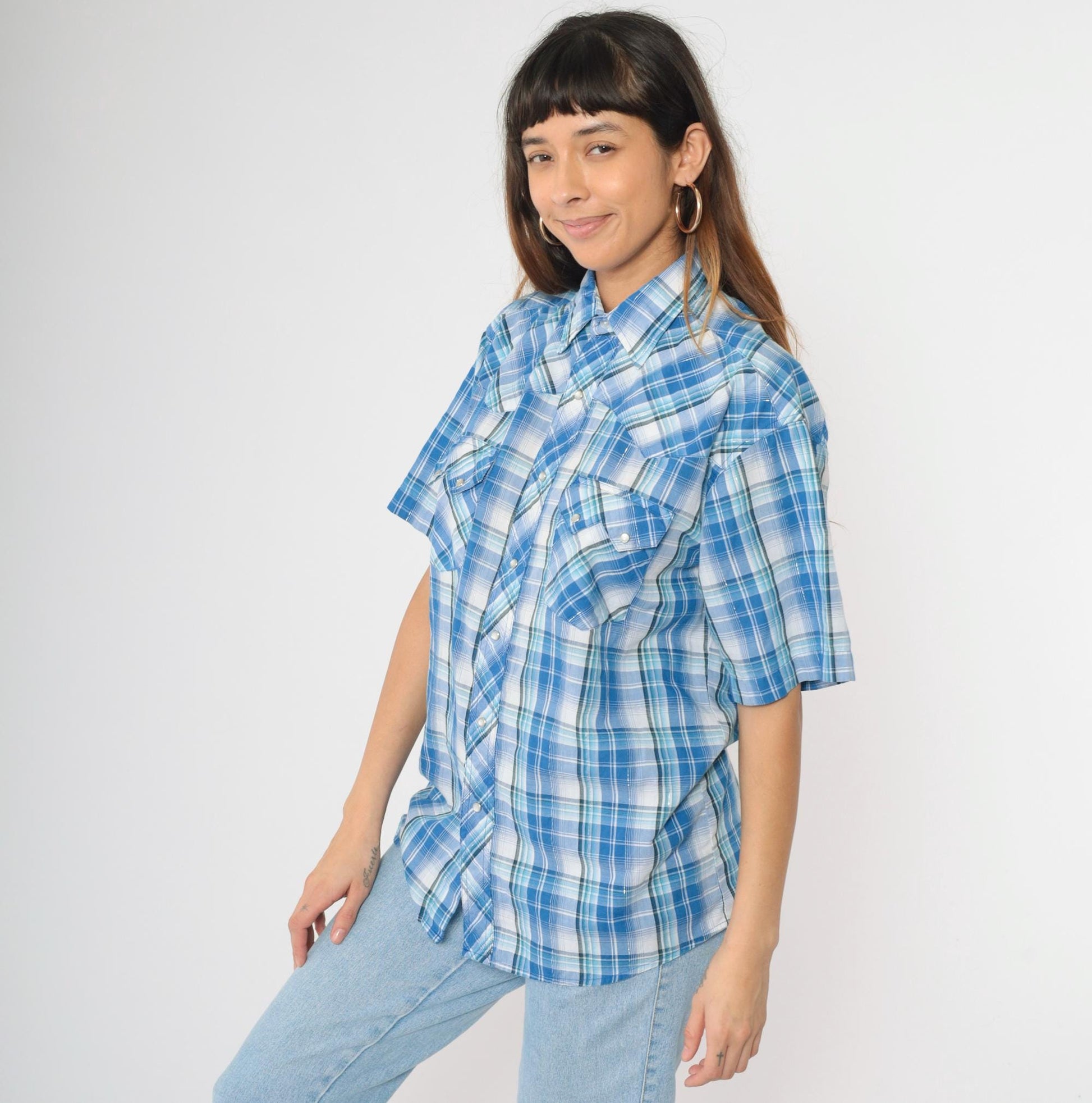 90s Rustler by Wrangler Western Shirt Blue Plaid Pearl Snap Metallic Large