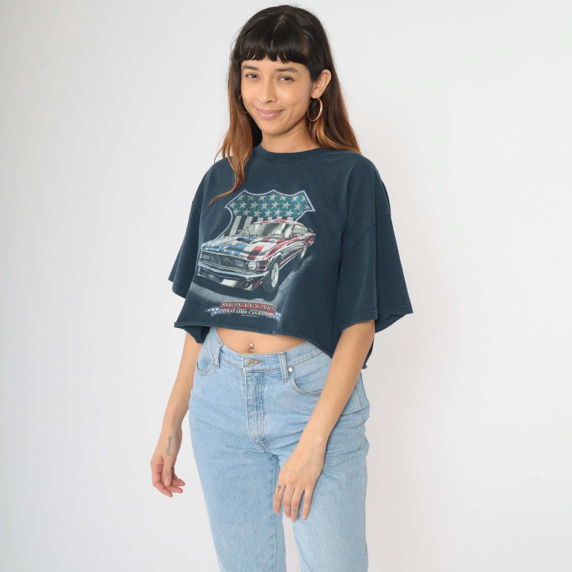 Y2K Muscle Cars American Icon Graphic Crop Top Navy Cotton Extra Large XL