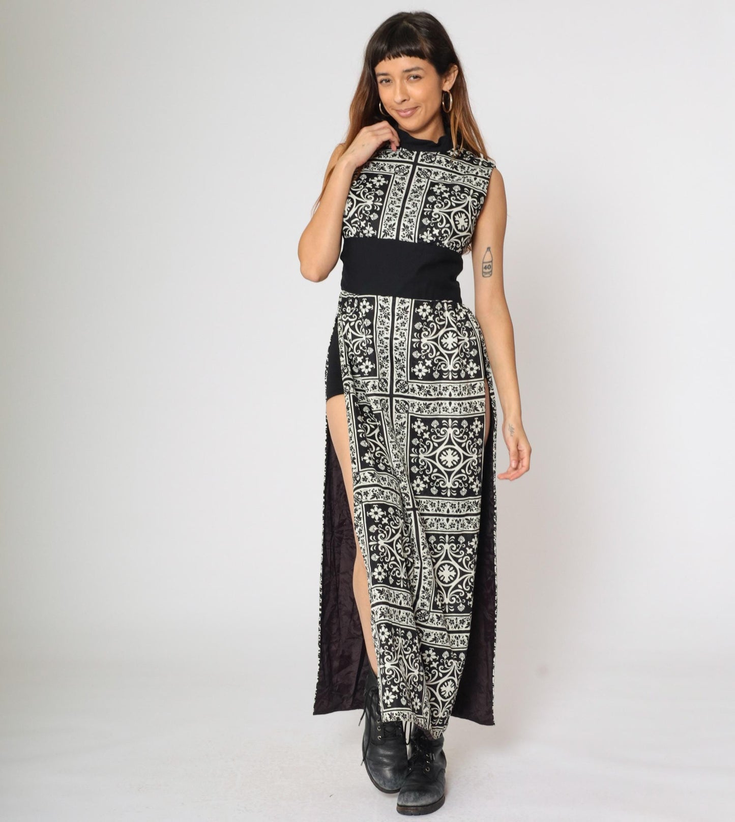 70s Black White Damask Floral Maxi Dress Mock Neck High Slit Small