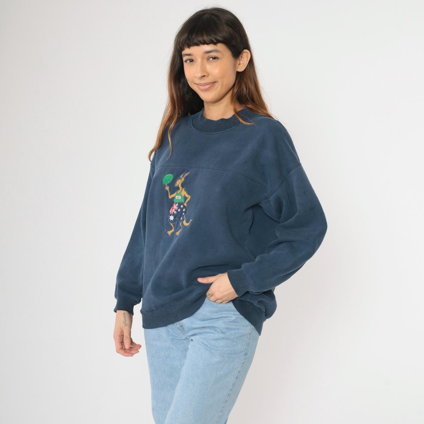 90s Australian Basketball Sweatshirt Navy Kangaroo Graphic Crewneck Large L