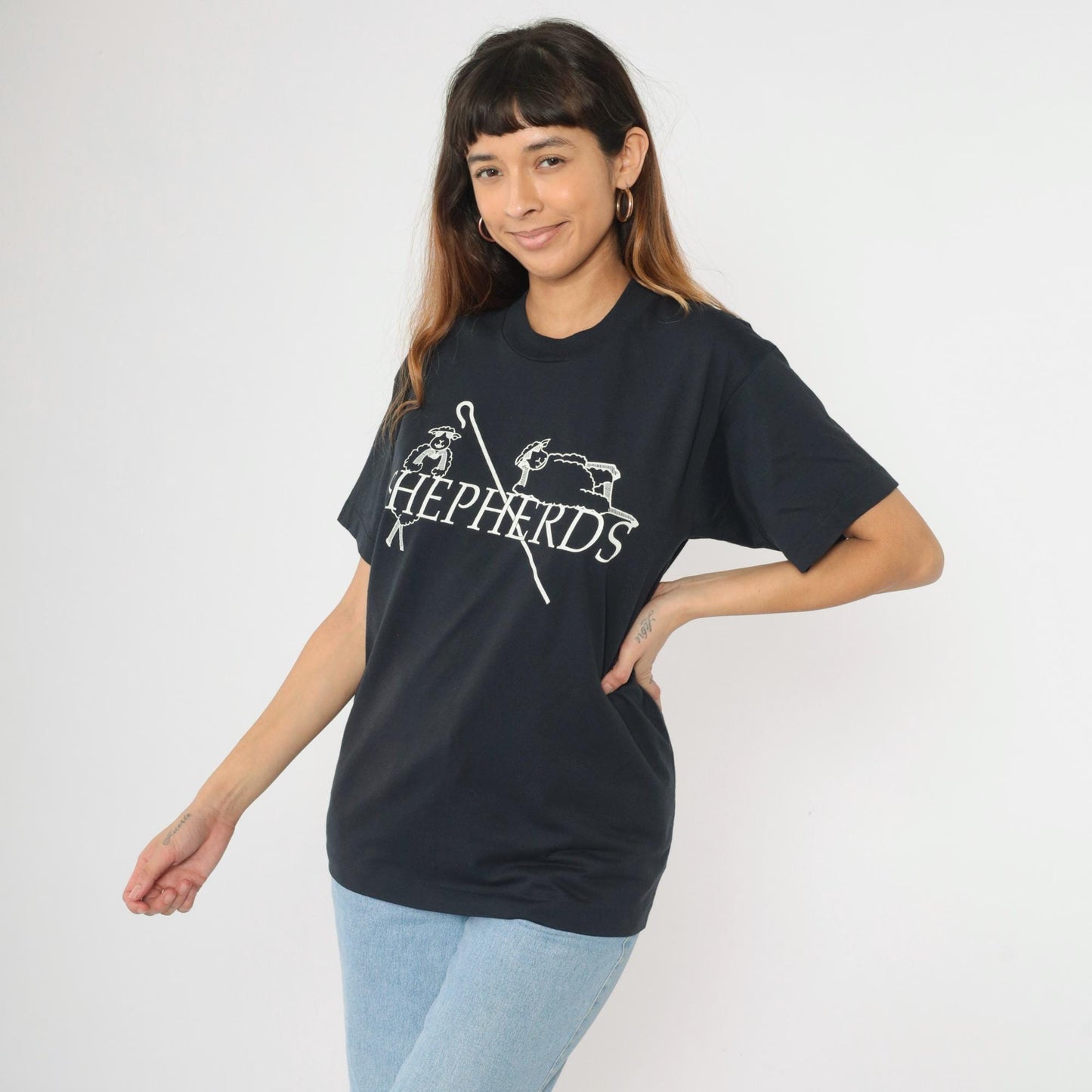 90s Shepherd Sheep Graphic T-Shirt Screen Stars Black Single Stitch Medium