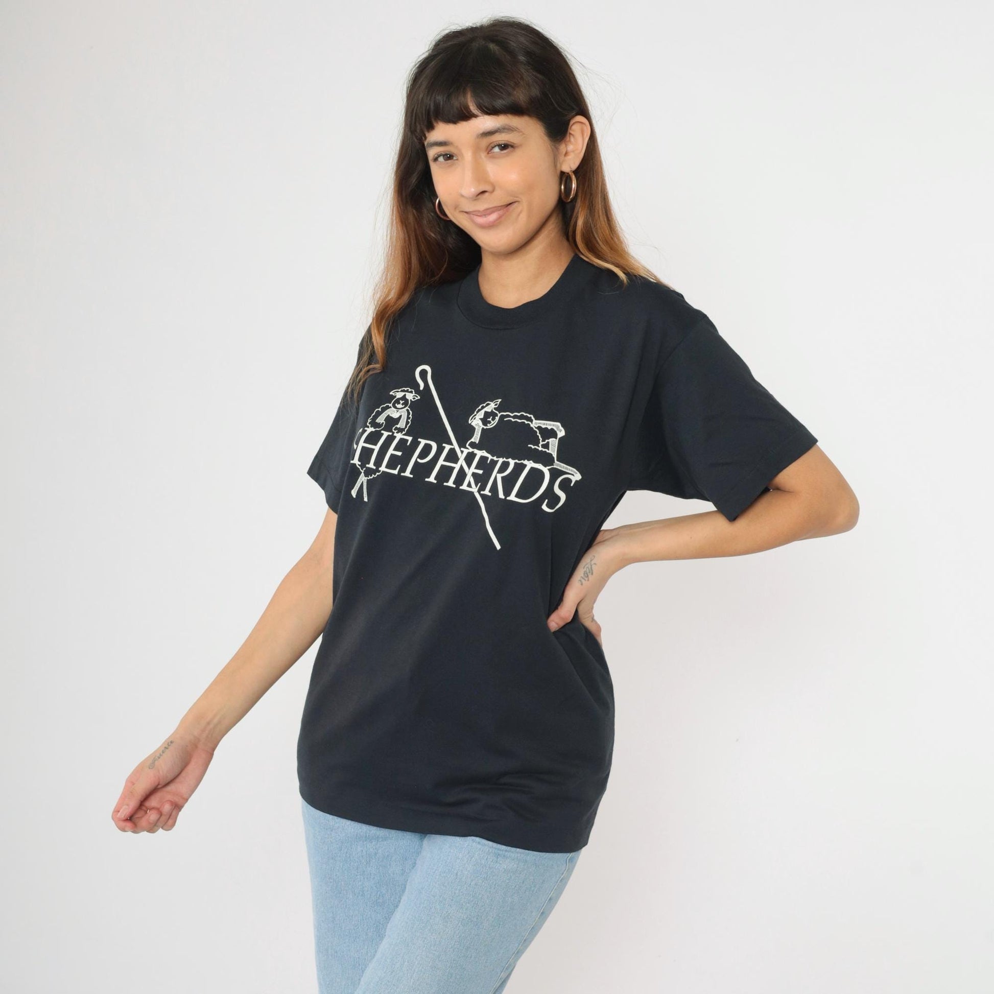 90s Shepherd Sheep Graphic T-Shirt Screen Stars Black Single Stitch Medium