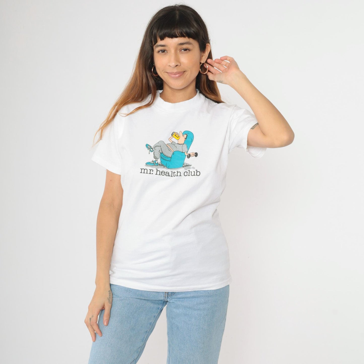 90s Jim Benton Mr. Health Club Graphic T-Shirt White Cotton Medium M