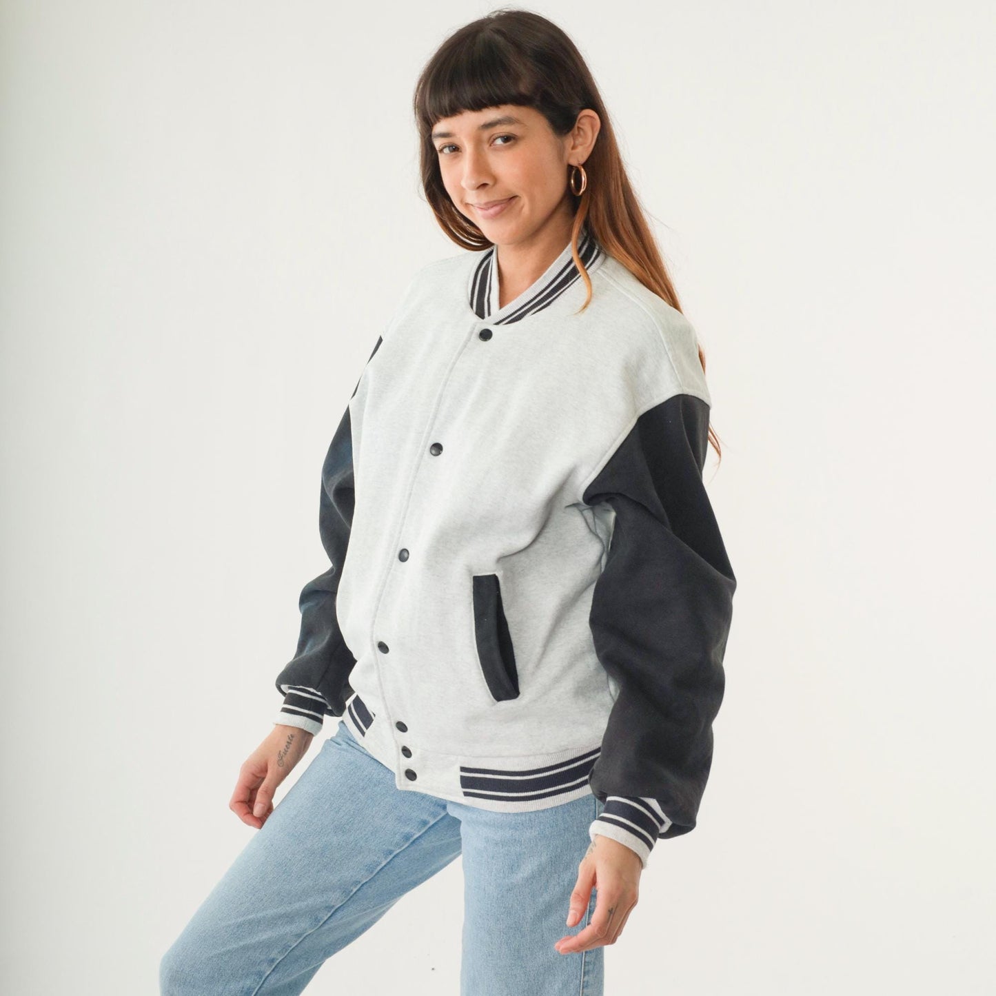 90s Dog Graphic Bomber Jacket Heather Grey Black Striped Snap Up Large L