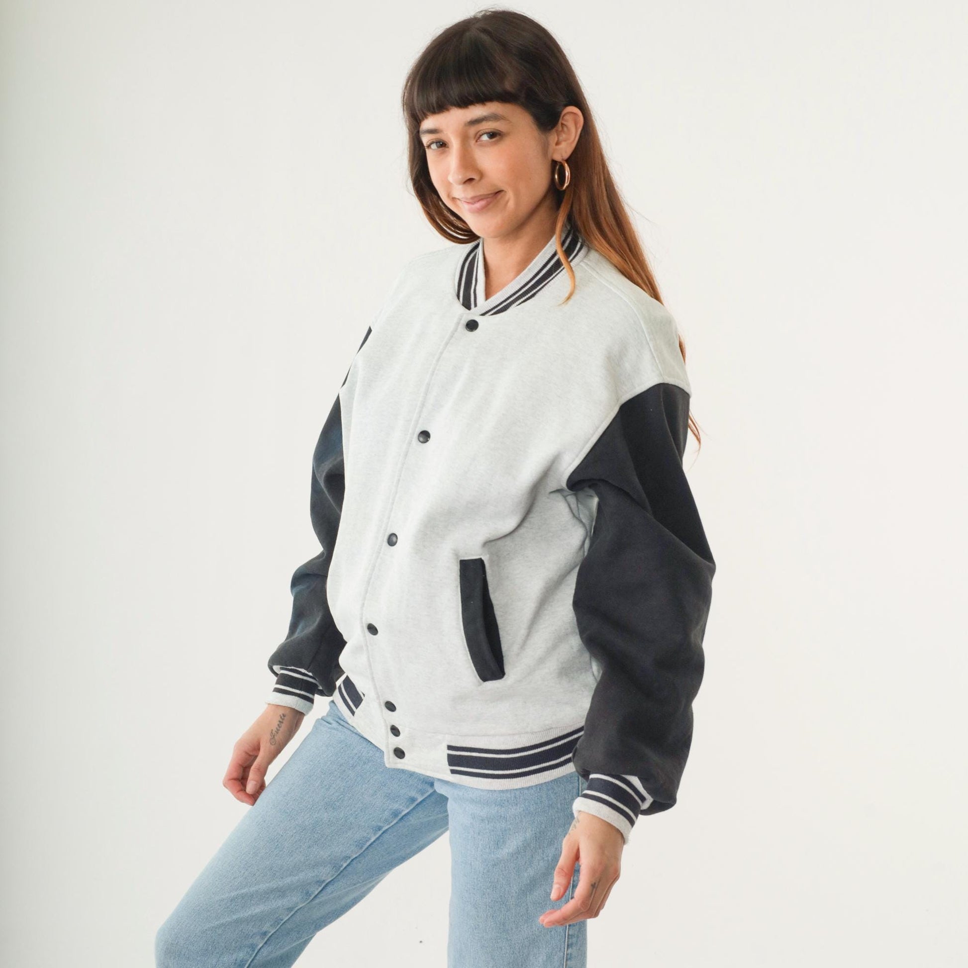 90s Dog Graphic Bomber Jacket Heather Grey Black Striped Snap Up Large L
