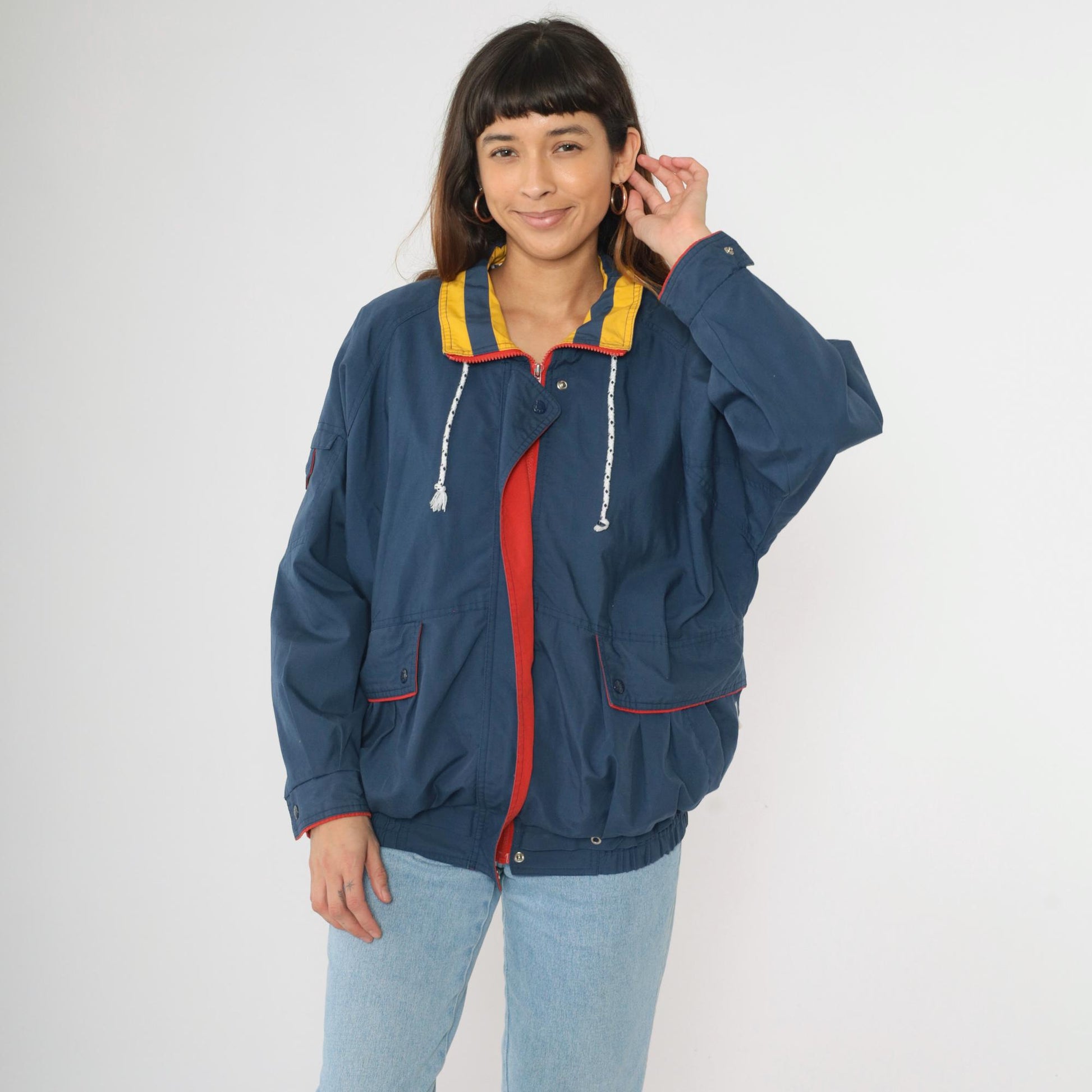 80s Izzi Spirit Blue Windbreaker Jacket Yellow Red Trim Zip Up Medium