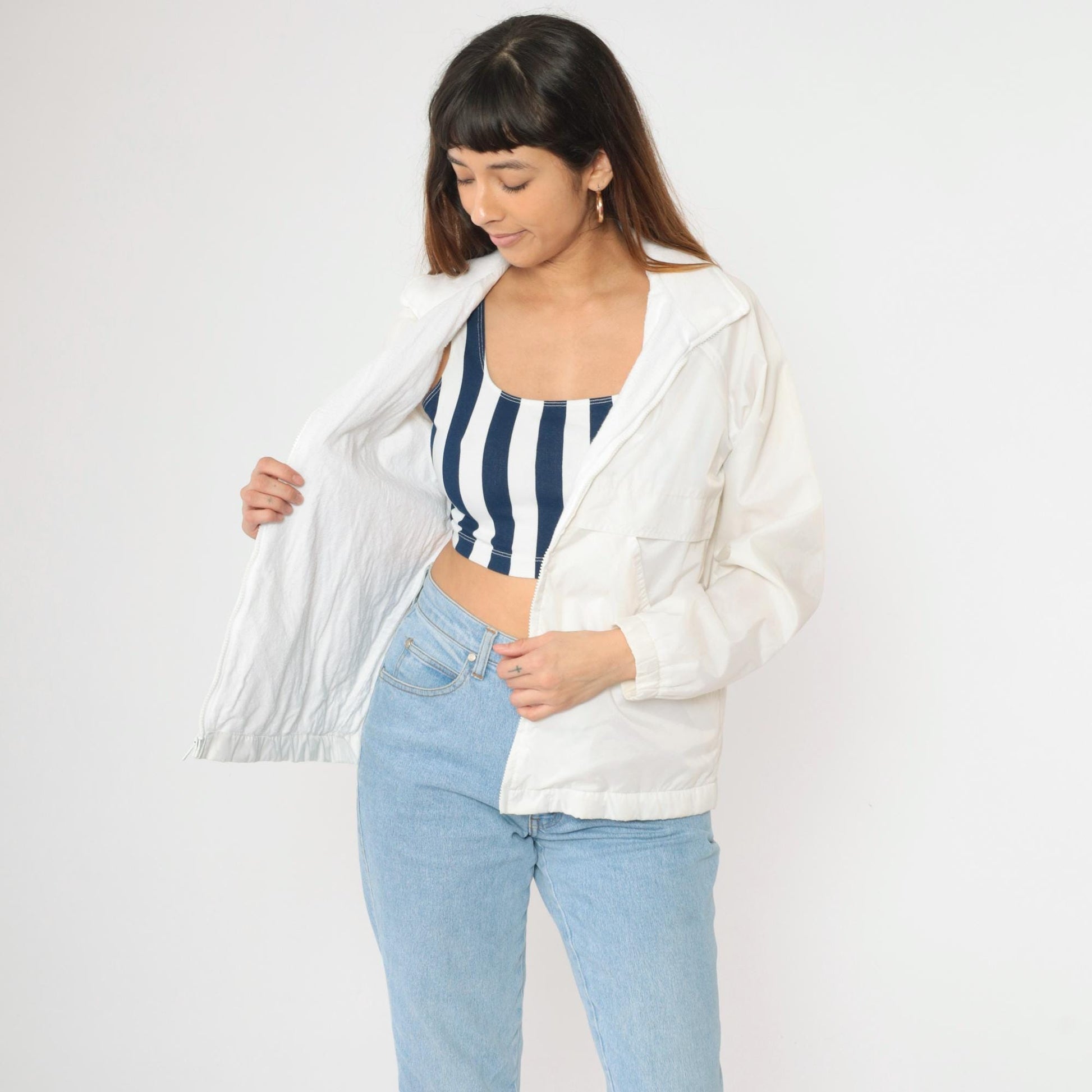 80s White Nylon Windbreaker Jacket Zip Up Raglan Sleeve Small S