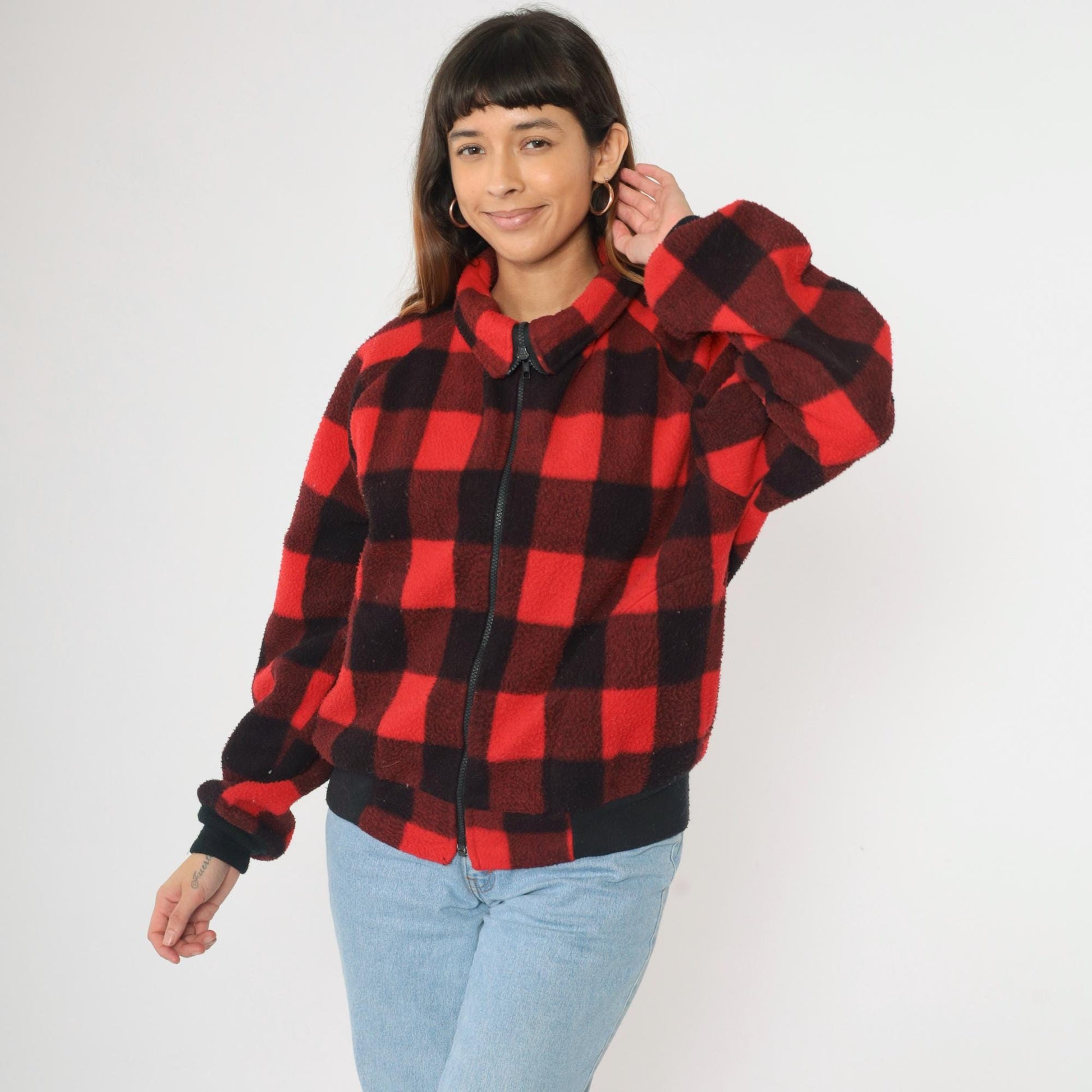 90s Buffalo Plaid Polar Fleece Zip Jacket Red Black Check Medium