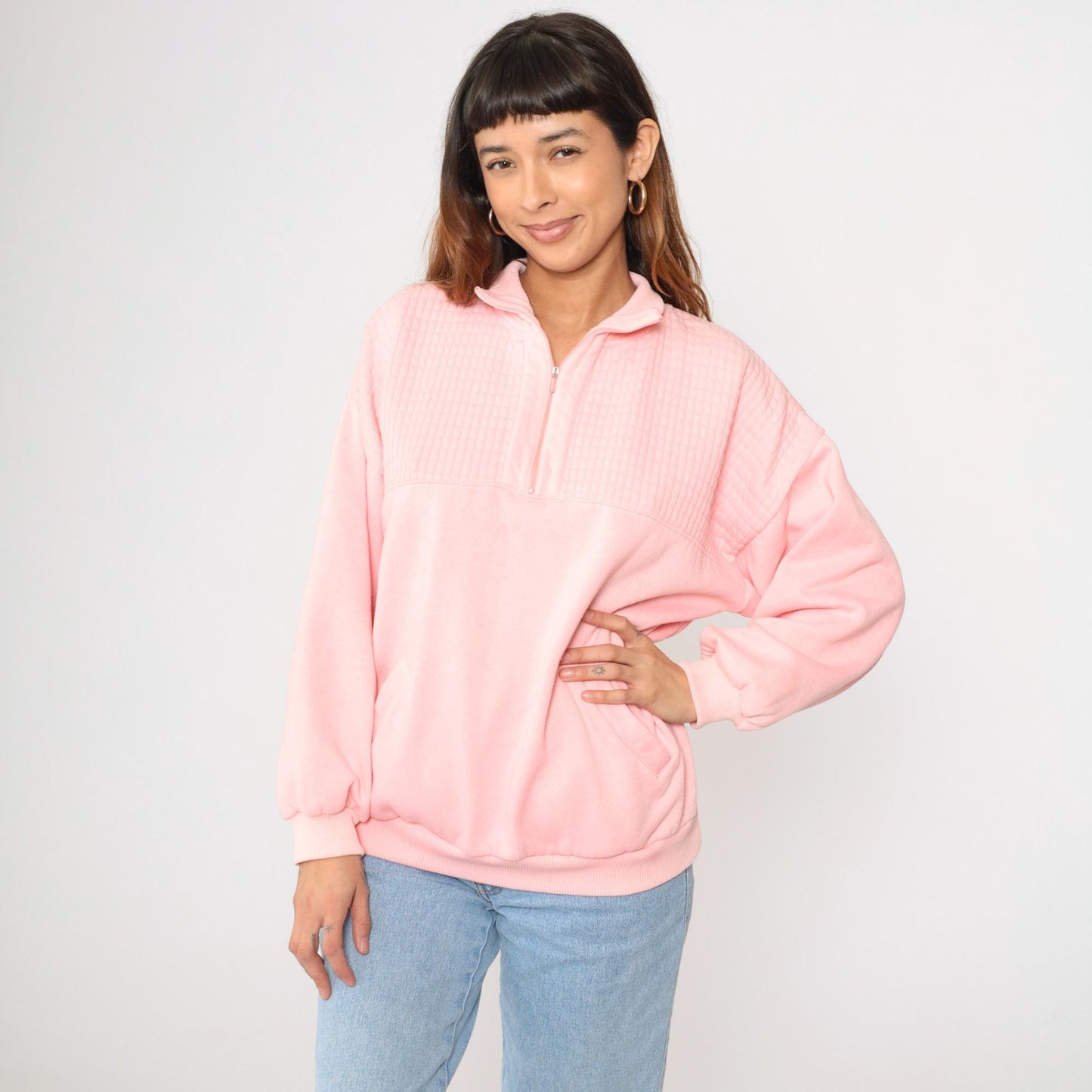 90s Pink Quarter Zip Sweatshirt Collared Pullover Blank Extra Large XL