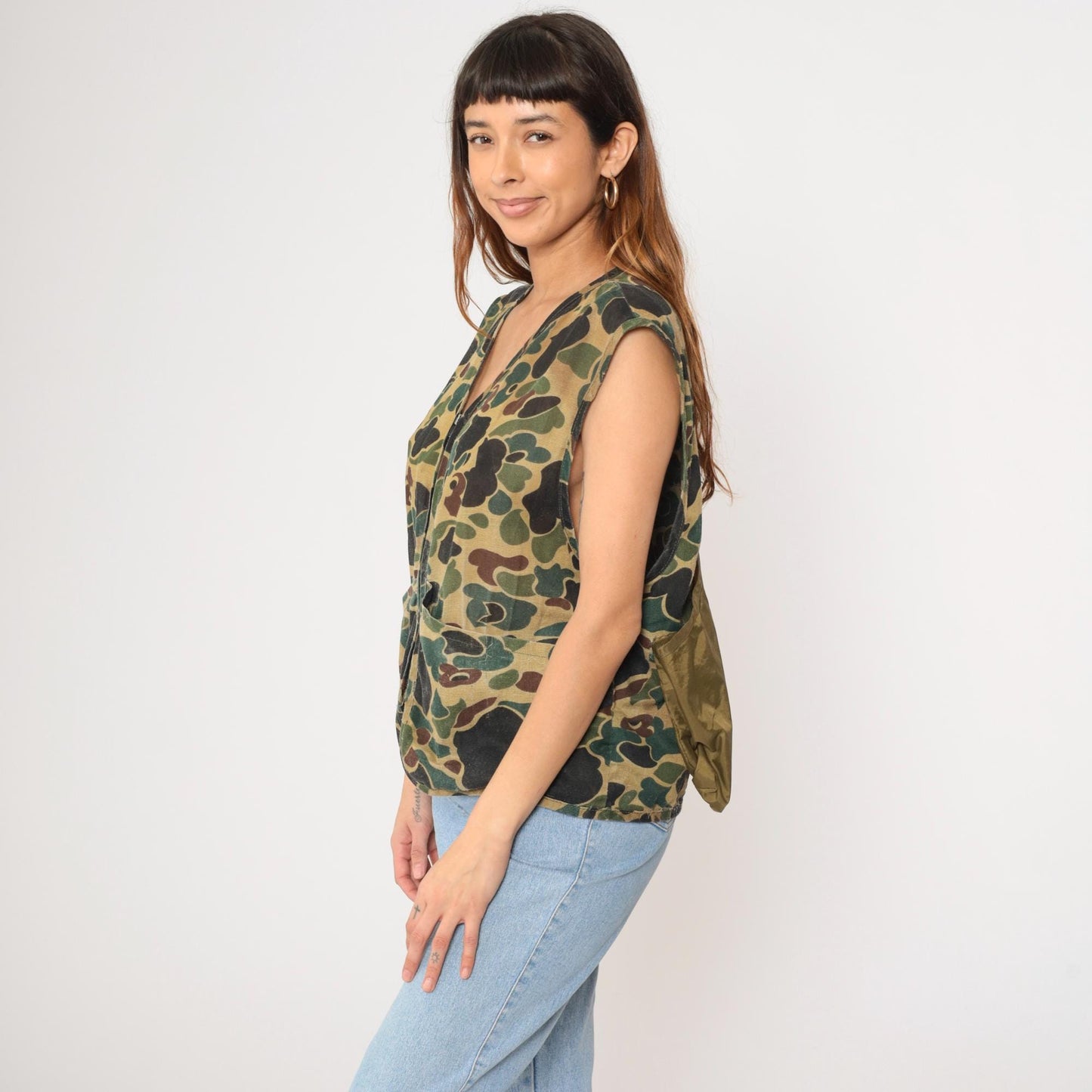 70s Saftbak Camo Hunting Vest Zip Front Canvas Olive Game Pocket Medium Large