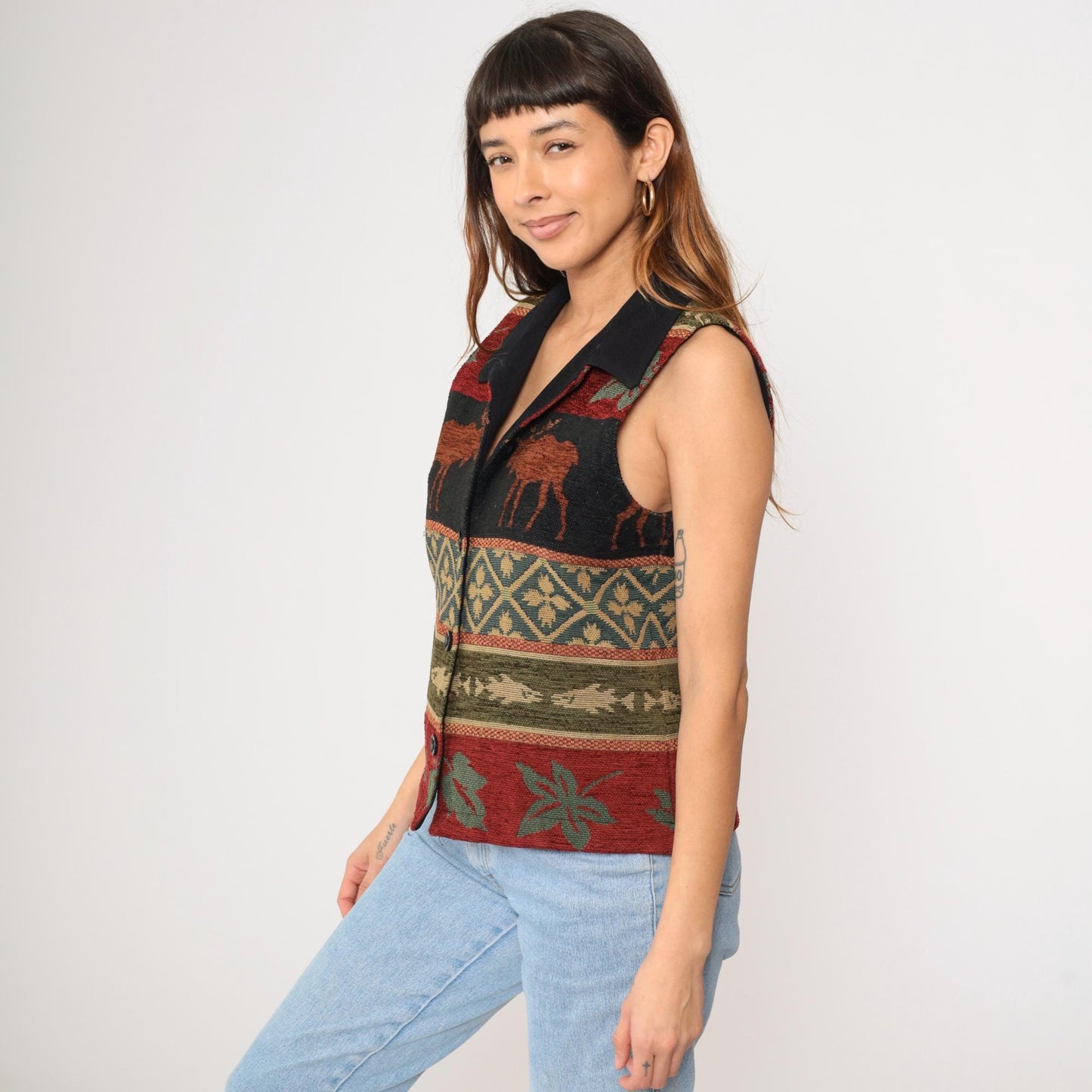 Y2K Coldwater Creek Tapestry Vest Moose Leaves Button-Up Medium