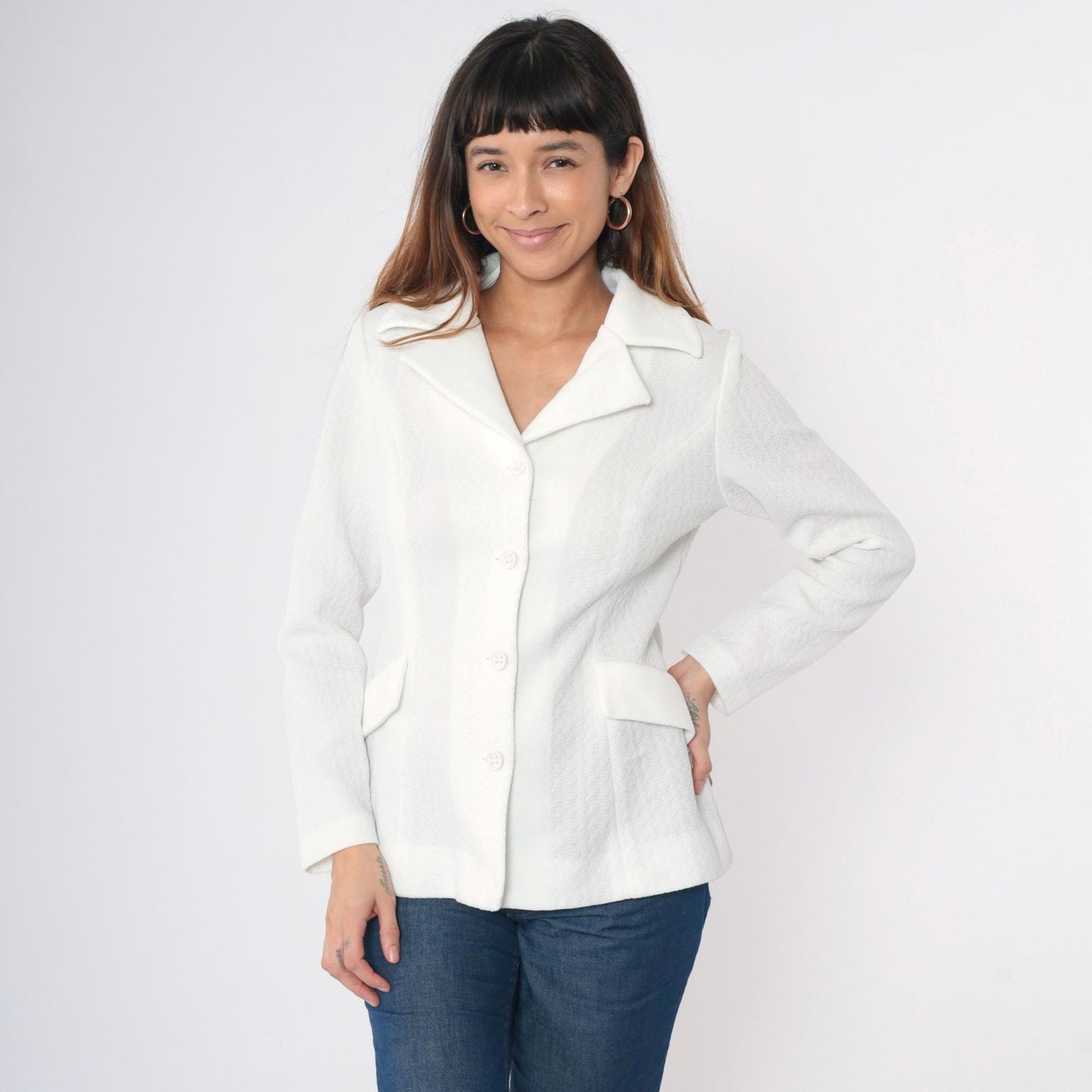 70s White Textured Polyester Blazer Button-Up Jacket Deep V Small