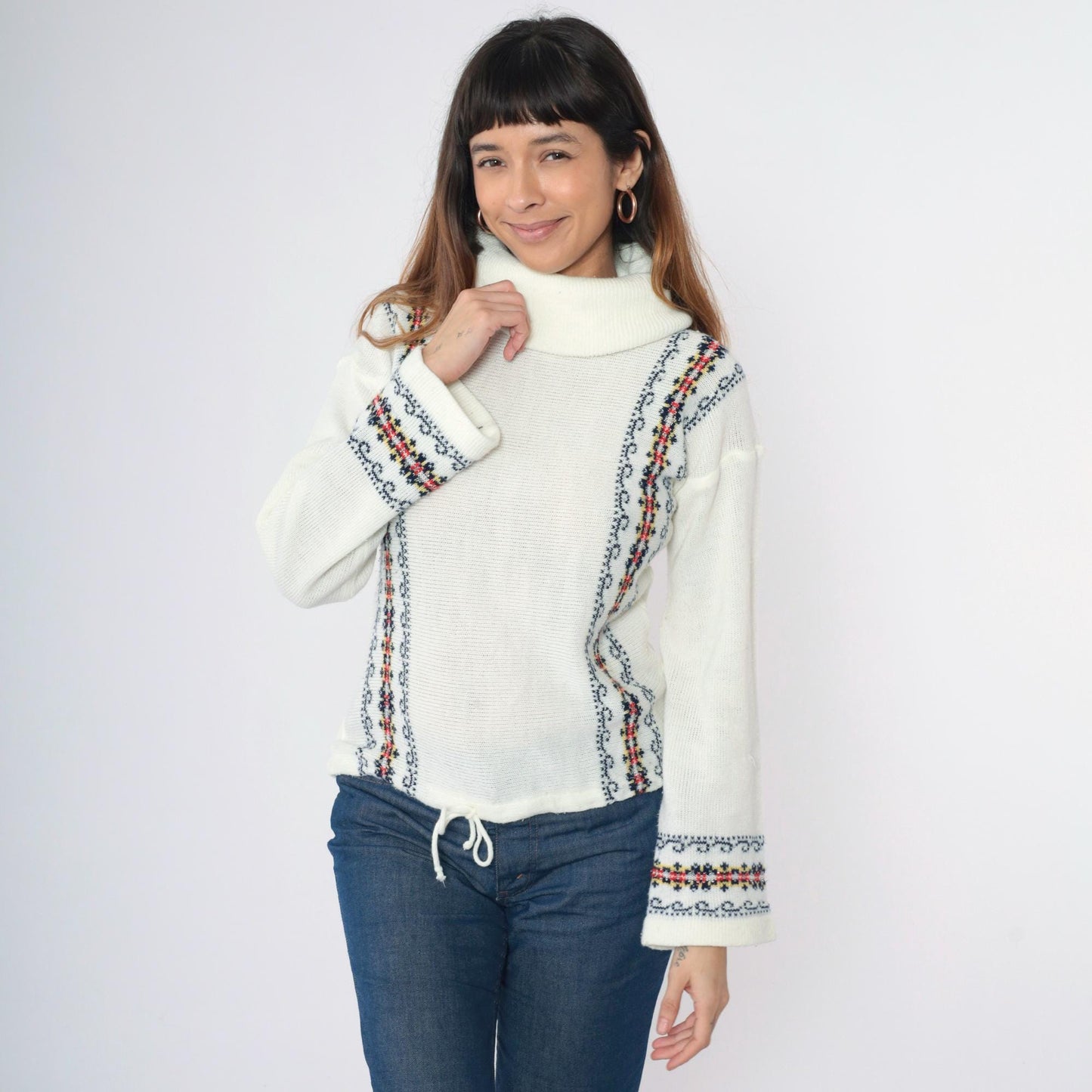 70s White Turtleneck Sweater Metallic Floral Stripe Knit Wide Sleeve Small