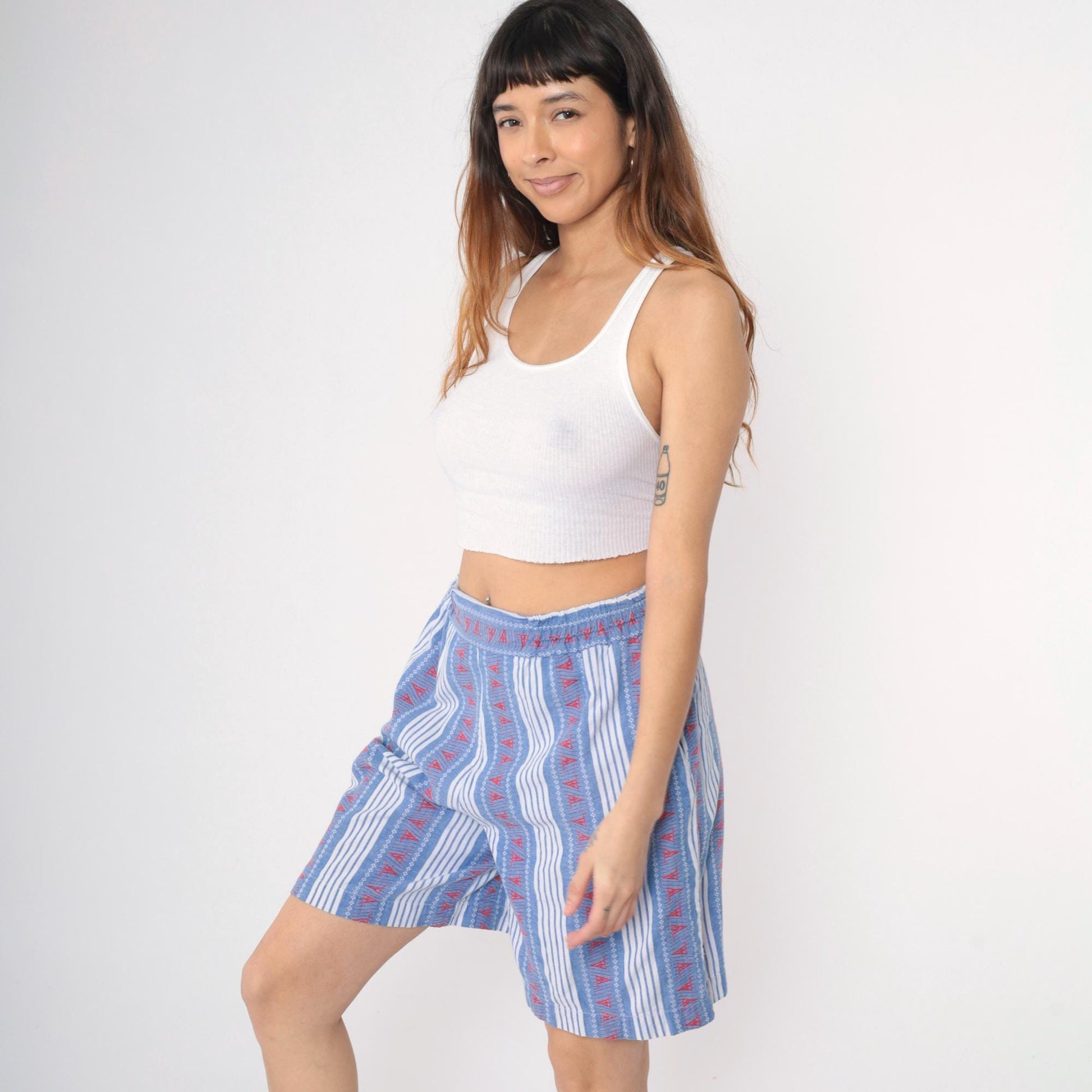 90s Chez T Striped Cotton Shorts Sailboat Nautical Blue White Red Medium