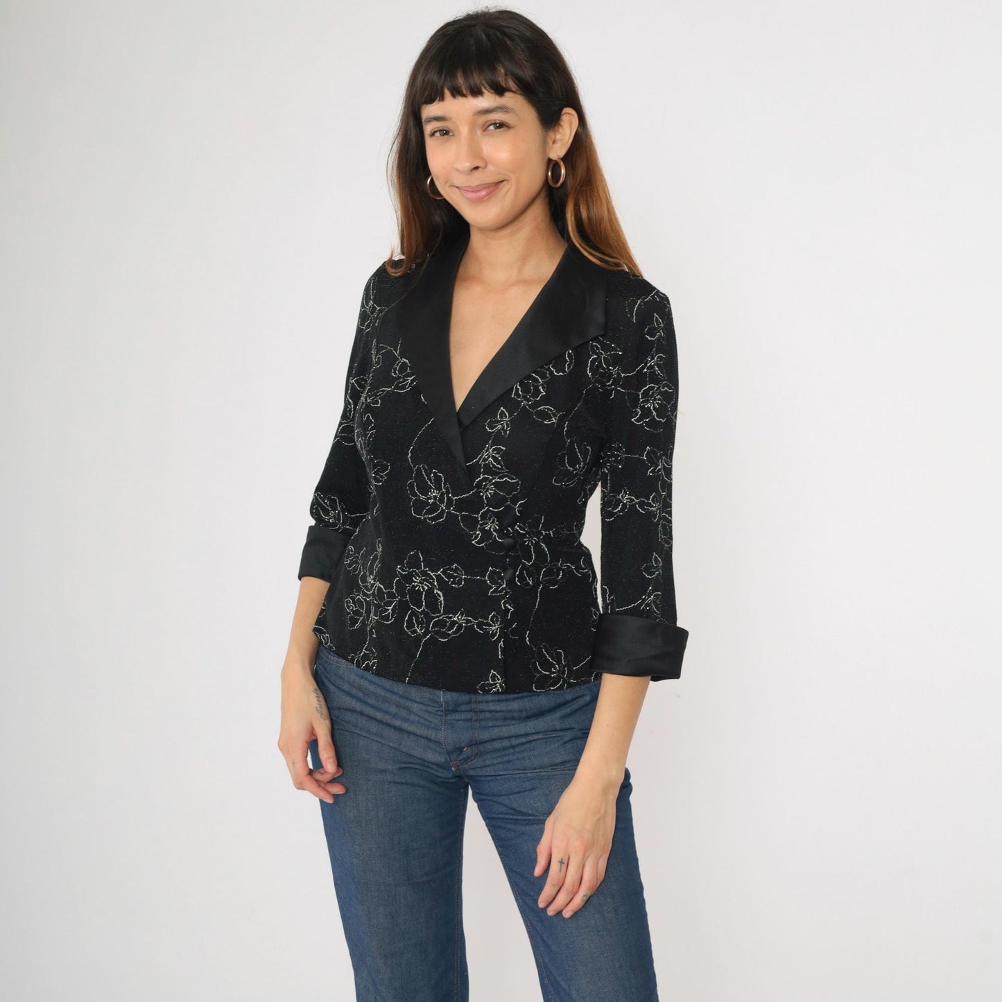 90s Alex Evenings Metallic Floral Wrap Blouse Black Silver Satin Collar Small
