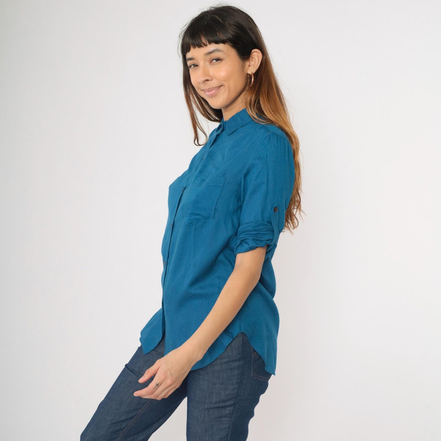 80s Blue Button-Up Blouse Roll Tab Sleeves Chest Pocket Small
