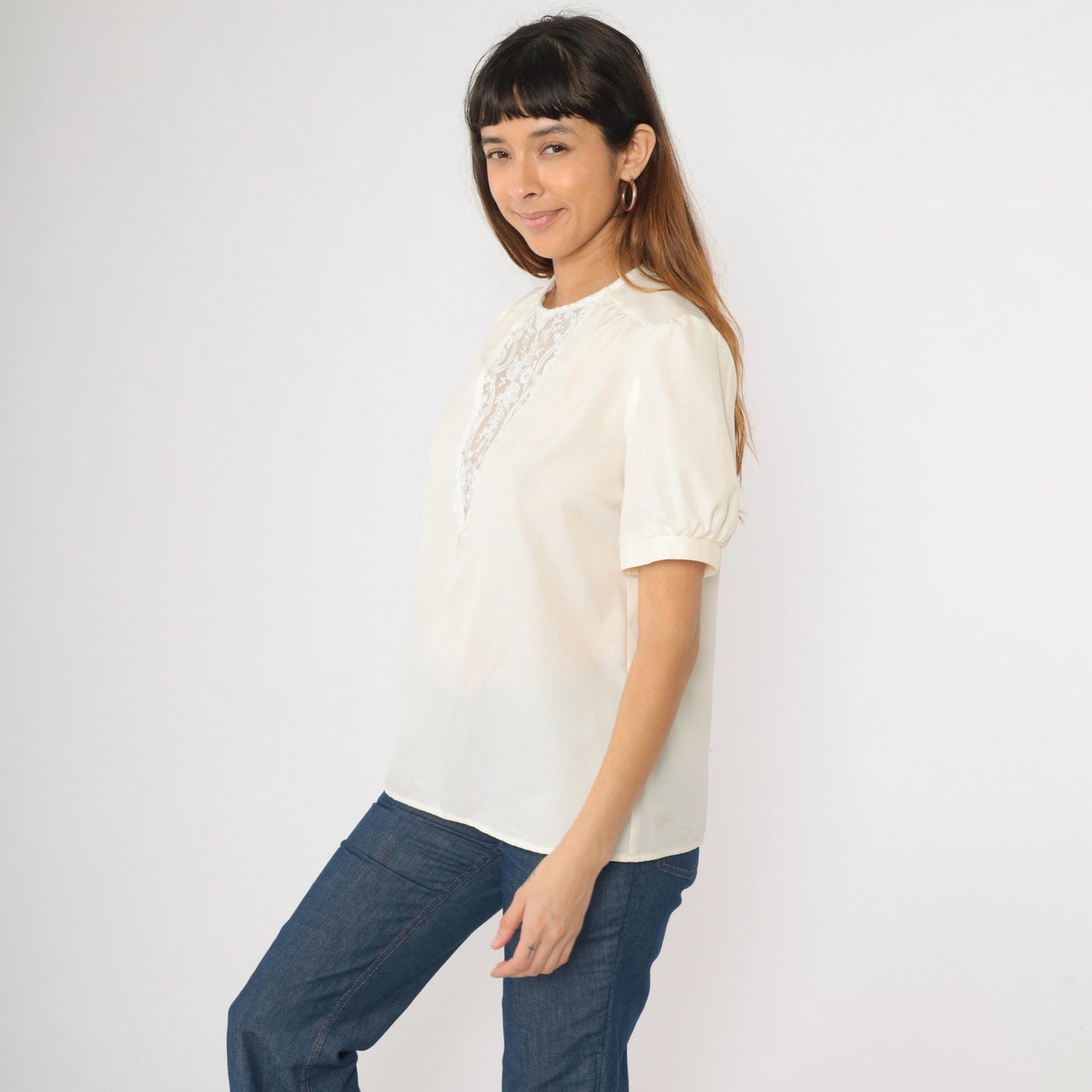 70s Victorian Cream Blouse Embroidered Lace Yoke Puff Sleeve Medium M