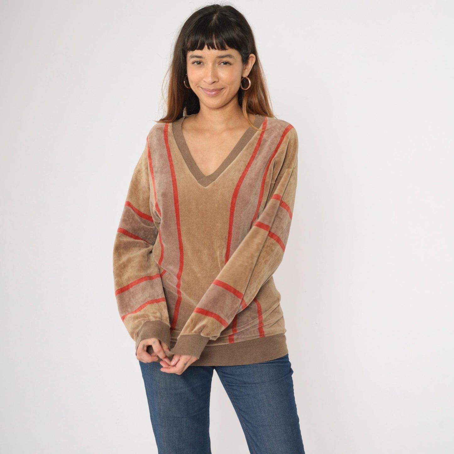 80s Bay Club Velour Sweatshirt Brown Red Striped V-Neck Small