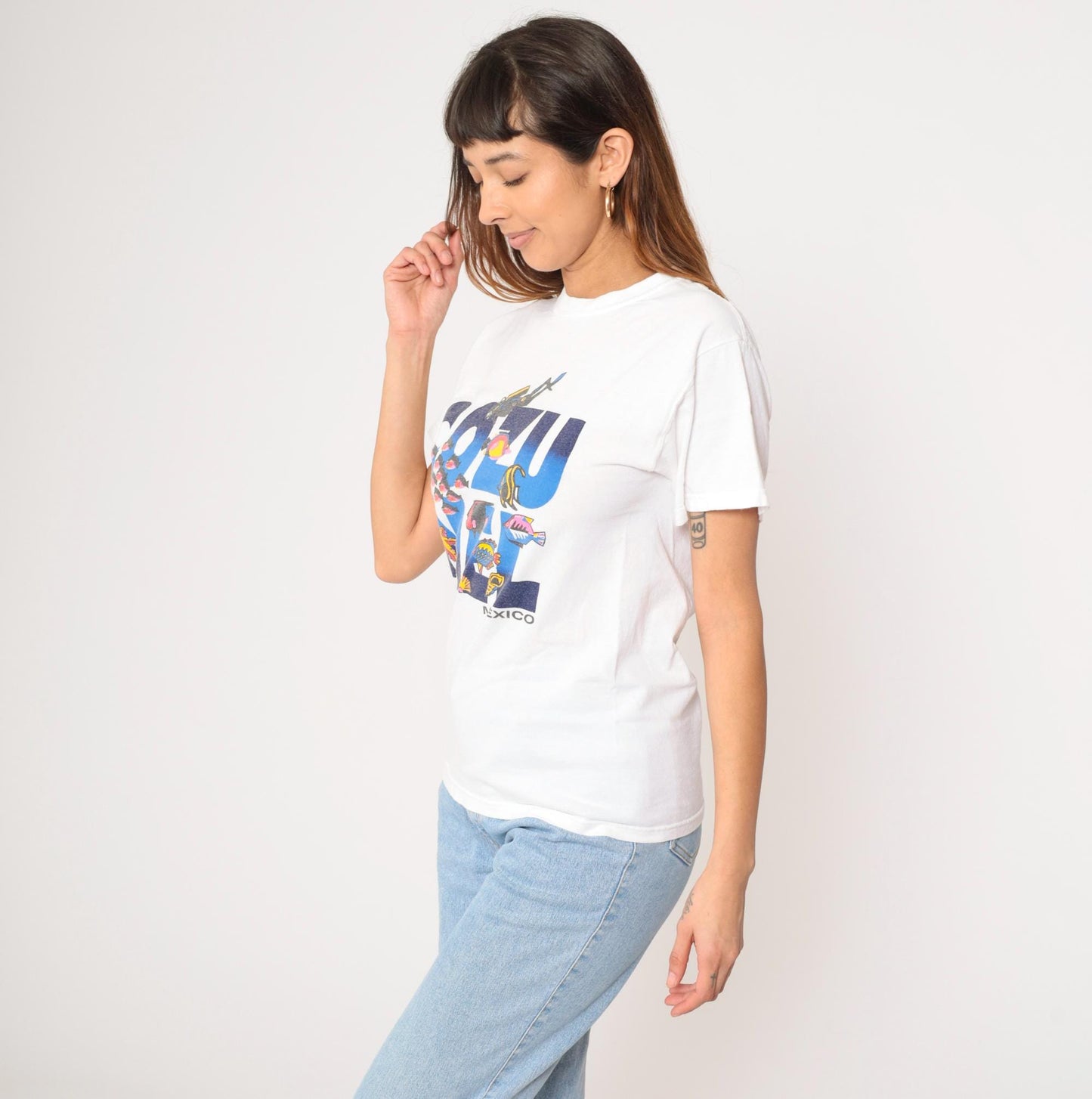90s Cozumel Scuba Diving Tropical Fish Graphic T-Shirt White Cotton Small