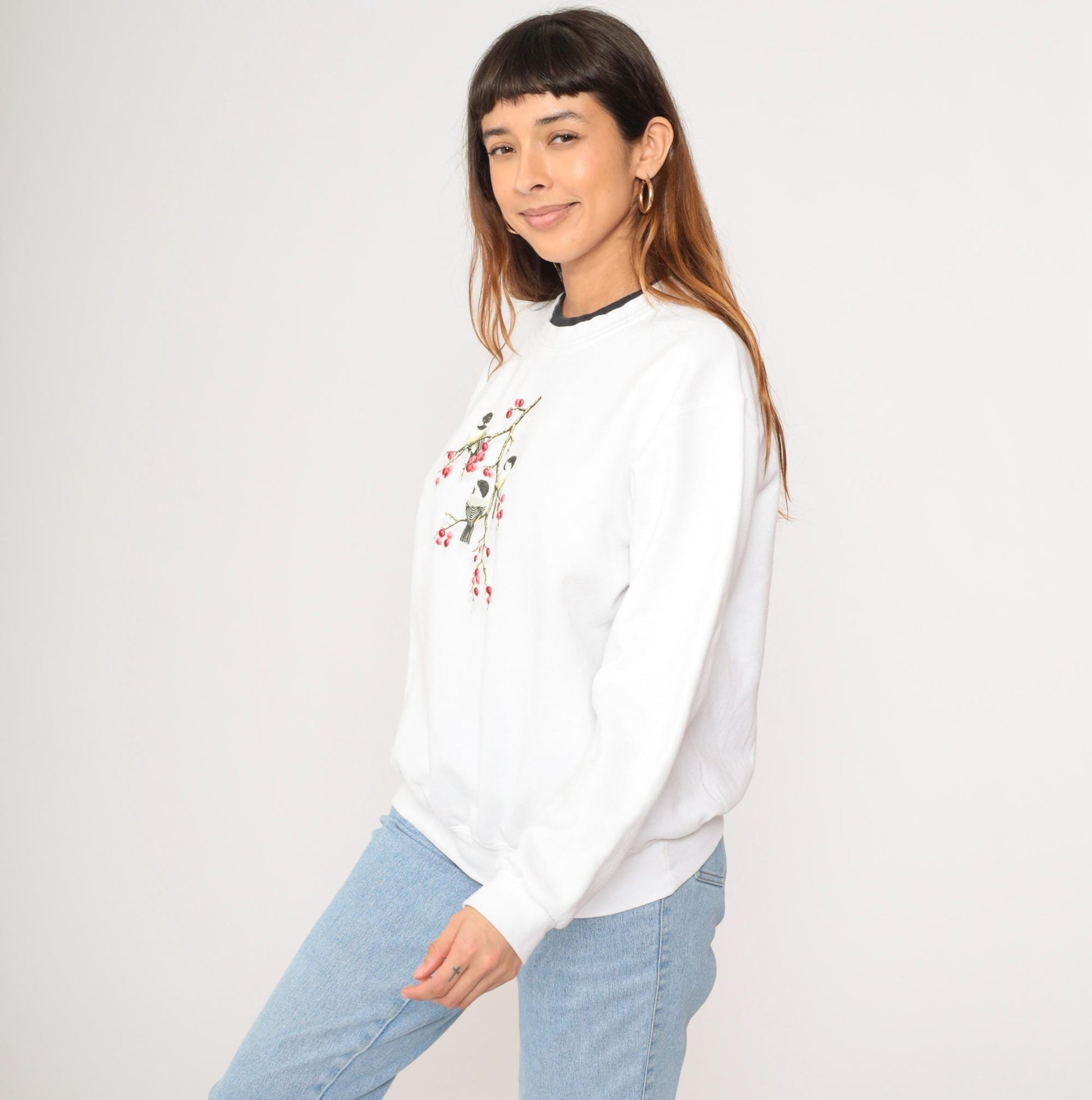 90s Chickadee Bird Sweatshirt White Double Collar Graphic Crewneck Large L