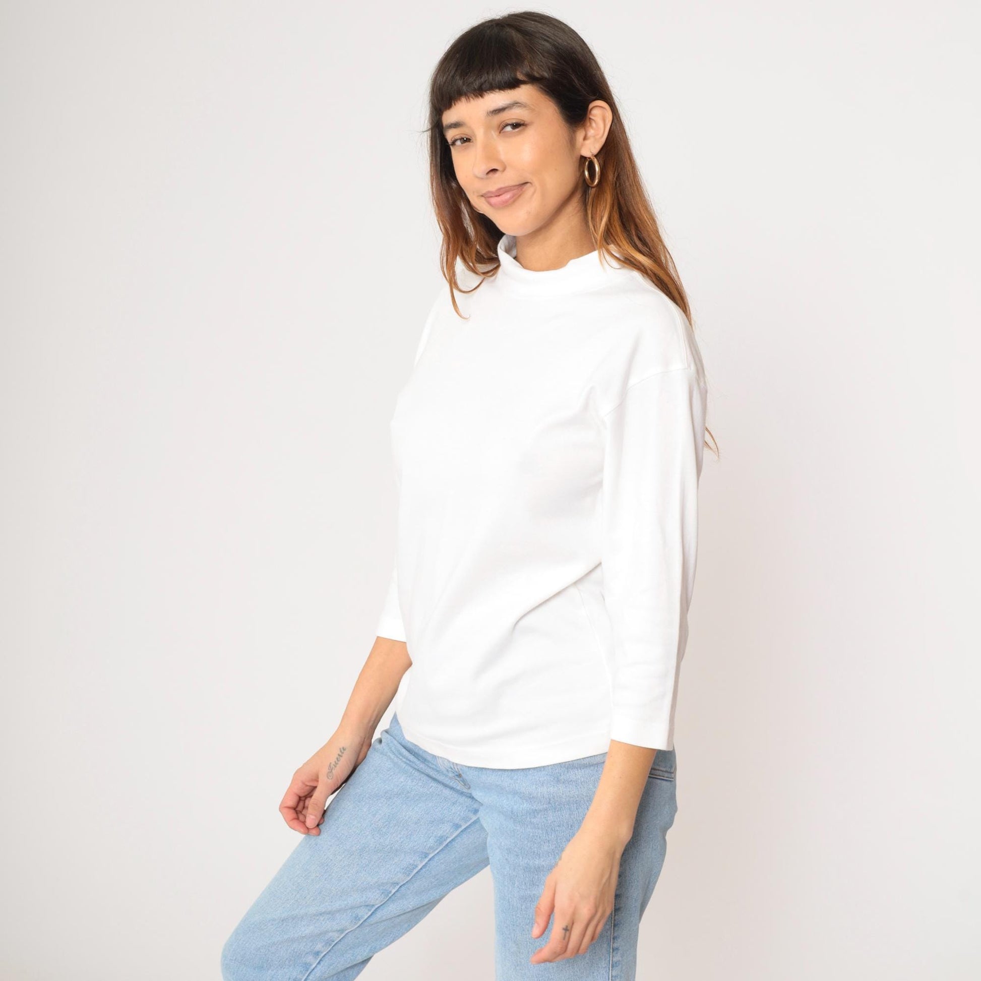 90s Norm Thompson White Mock Neck 3/4 Sleeve T-Shirt Small S