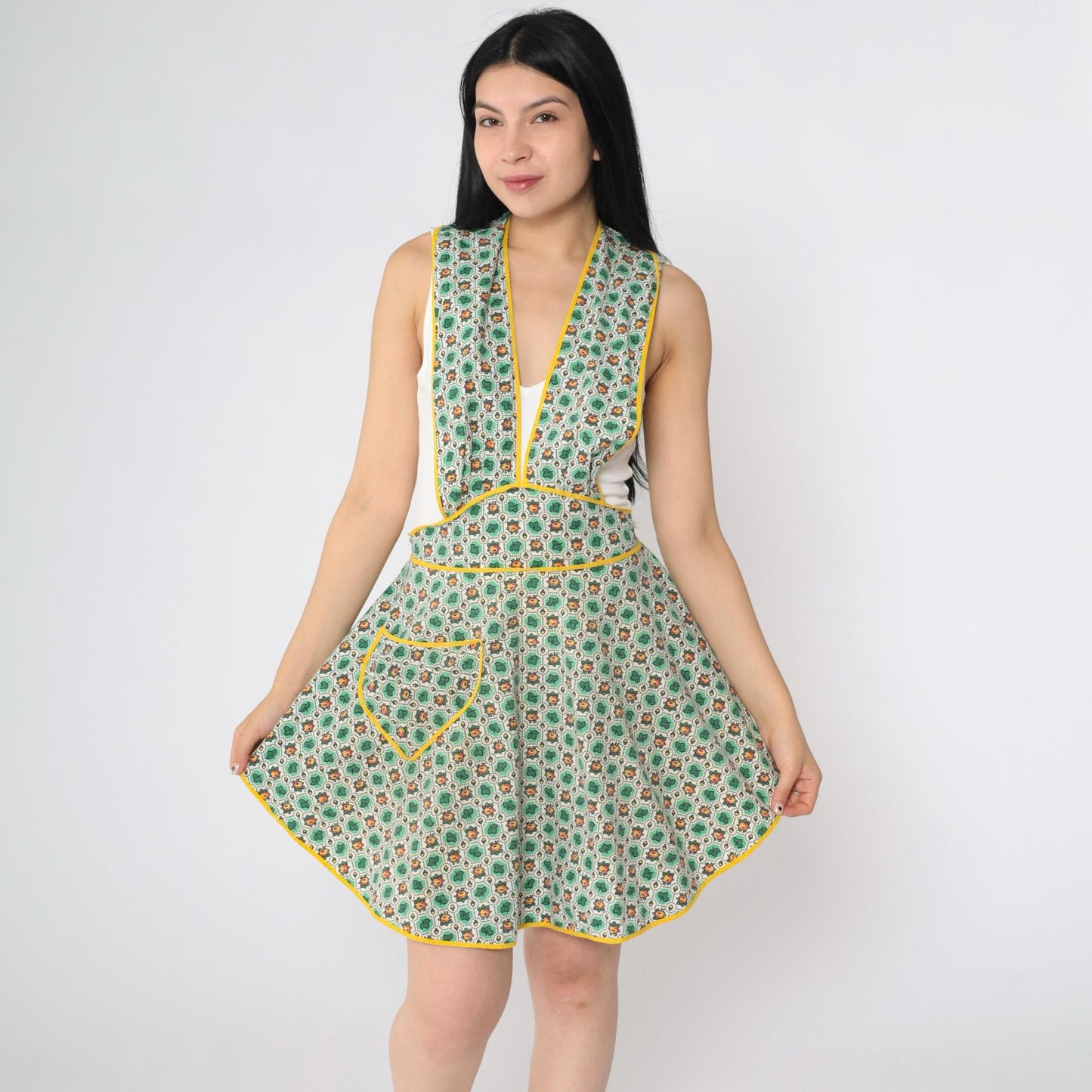 1970s Floral Leaf Print Apron Dress Mini Deep V Neck Open Back Small Medium
