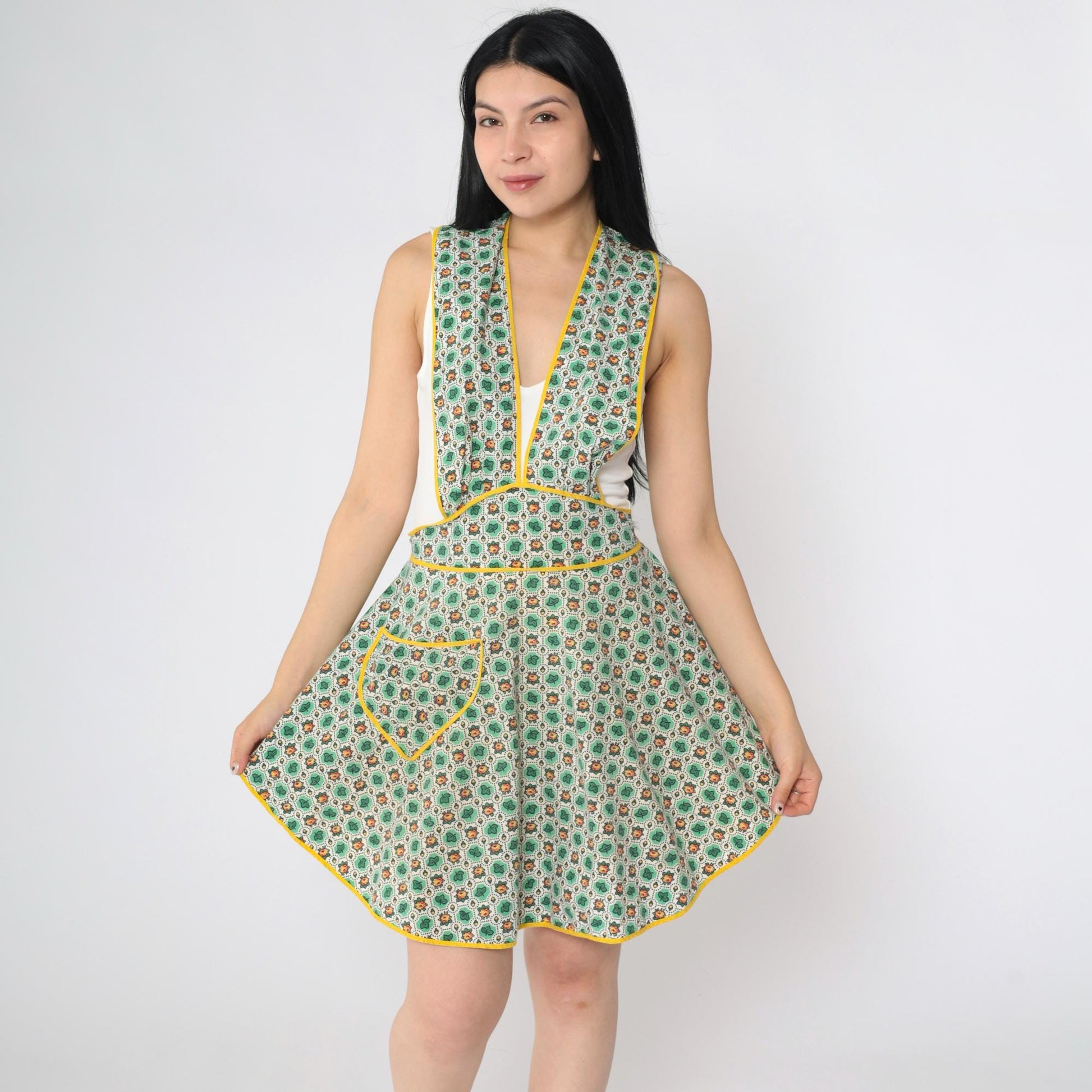 1970s Floral Leaf Print Apron Dress Mini Deep V Neck Open Back Small Medium